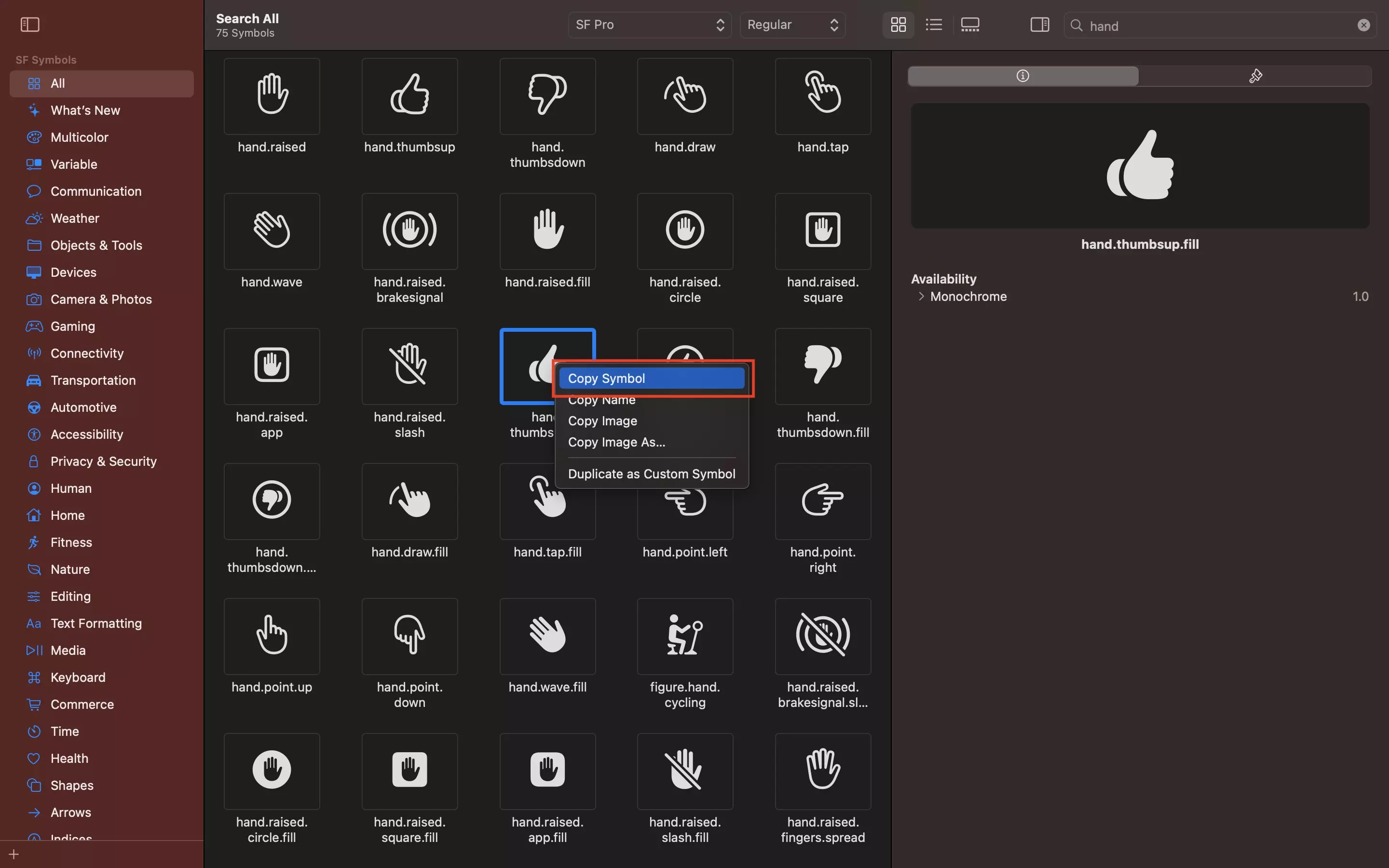 A screenshot of SF Symbols highlighting how if you right click a symbol, a menu appears that allows you to copy a symbol by clicking "Copy Symbol."