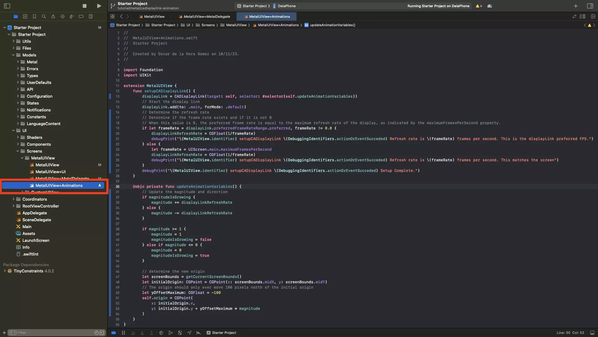 A screenshot of Xcode showing the MetalUIView+Animation.swift file. The code is provided below.