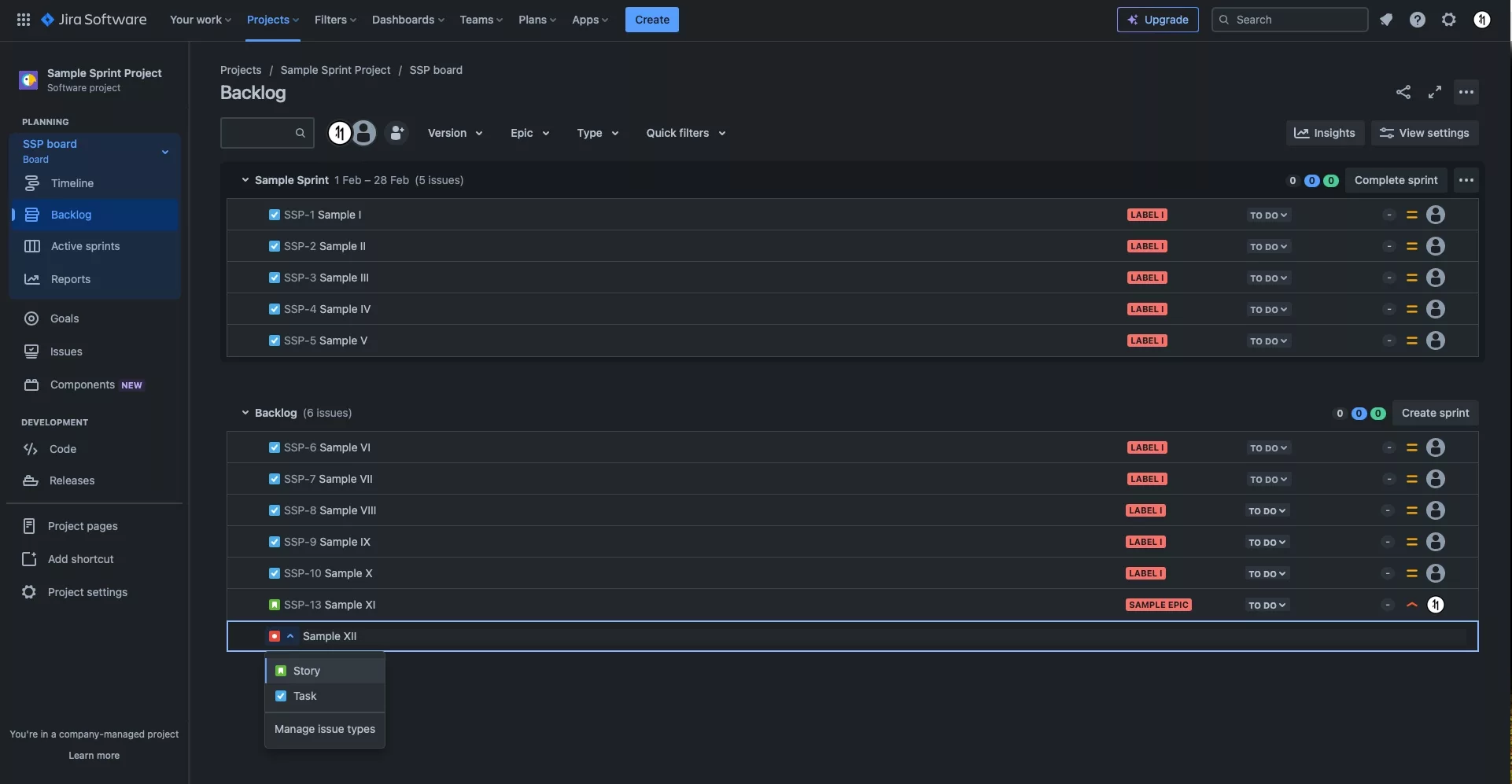 A screenshot of a JIRA backlog highlighting how you can create a bug ticket. A dropdown at the far left of the ticket allows you to change its type to bug.