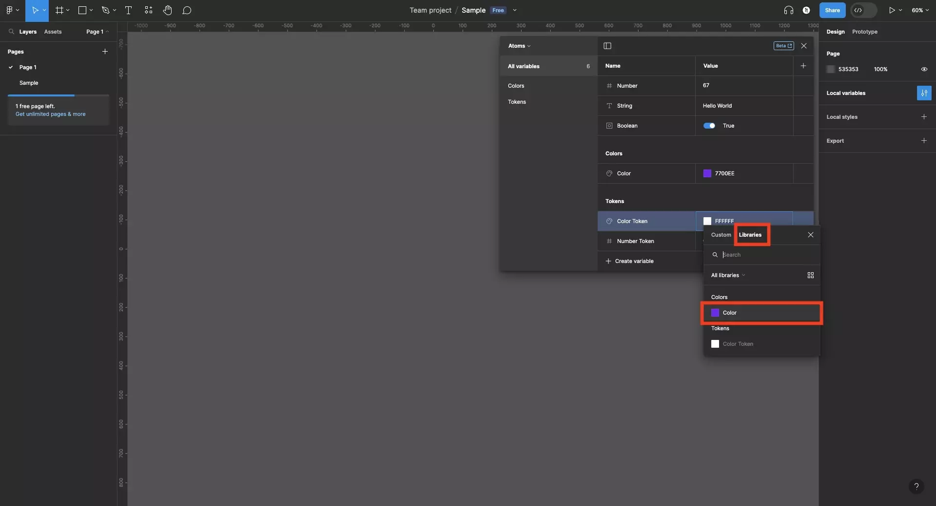 A screenshot of Figma showing that we have clicked the colored square next to the the color token variable. This opened up the color picker. In the color picker we have selected the "Libraries" tab, which allows us to select other variables to reference.