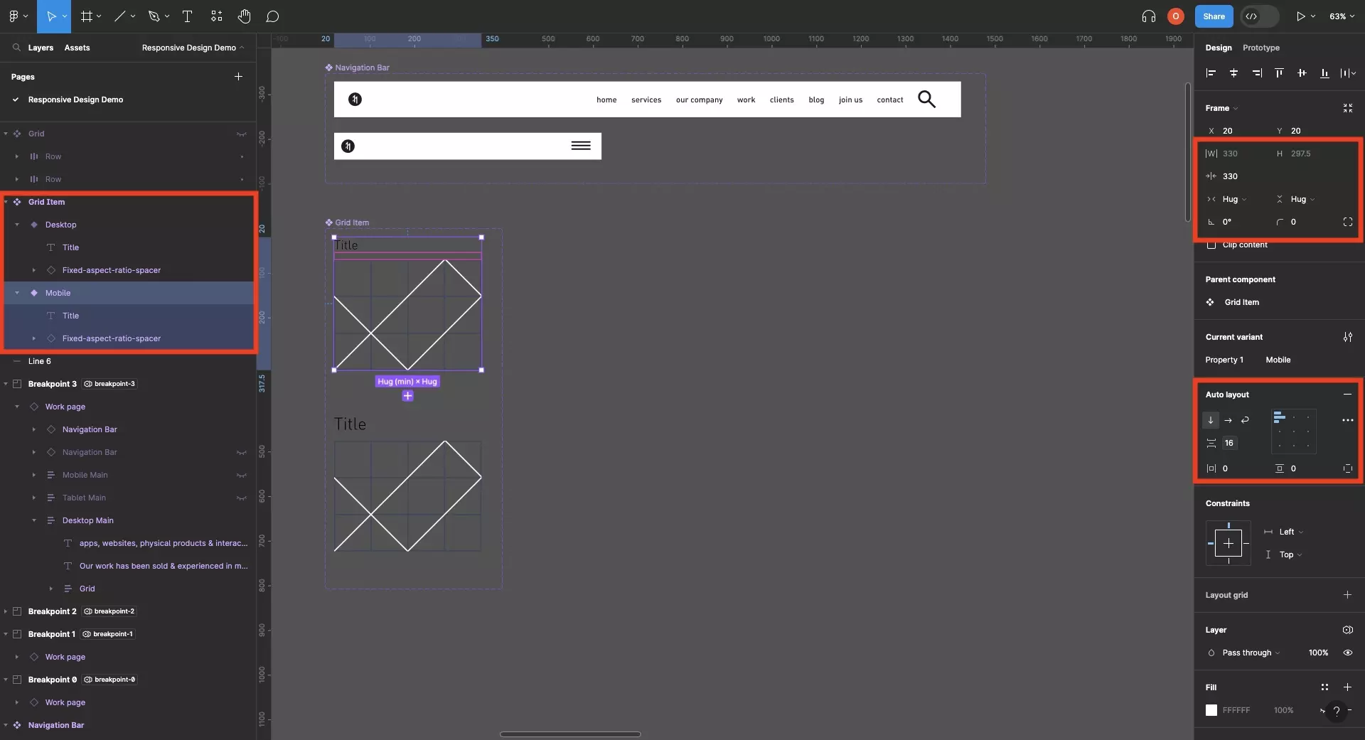 A screenshot of a Figma design file showing a component with two variants. The component variant contains one text UI element and one fixed-aspect-ratio-spacer component variant. Highlighted on the left menu side bar is that there are two variants and that we have selected the frame of the mobile variant. On the left menu side bar we have highlighted that we have set the minimum width to 330px, that the component uses an auto layout and that the horizontal and vertical resizing is set to hug.