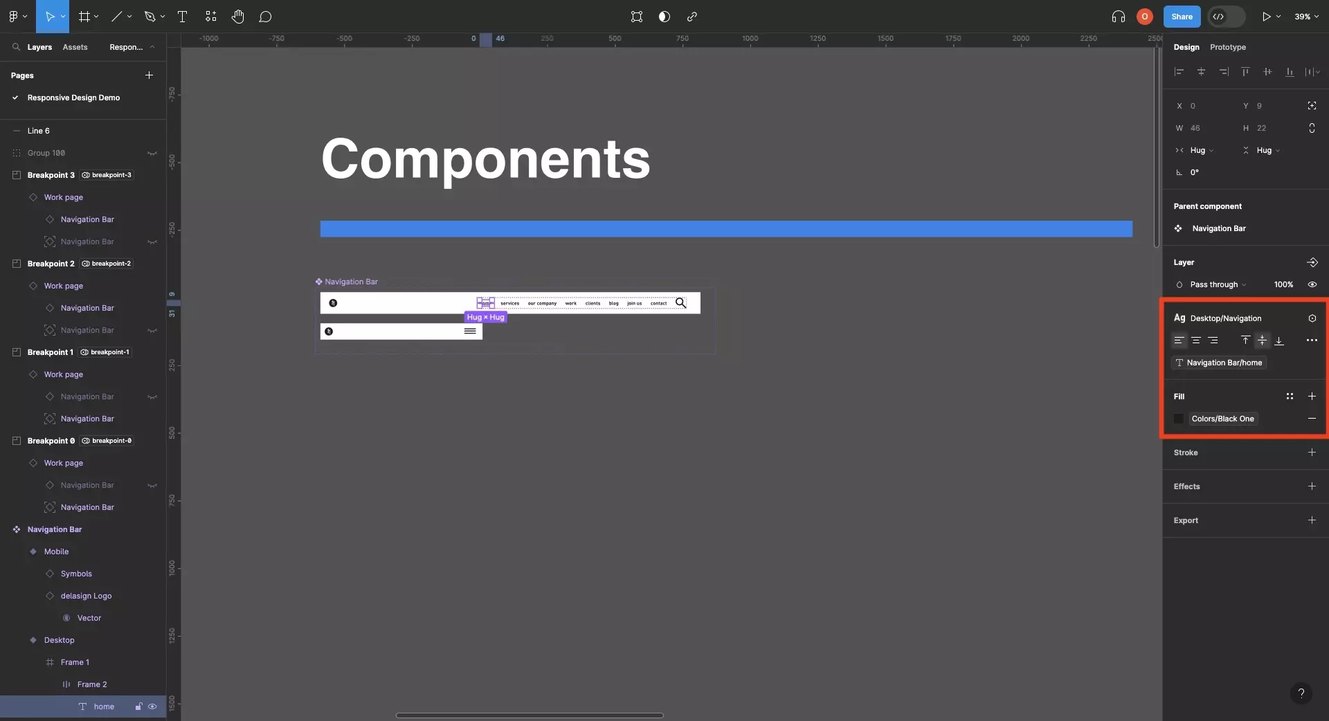 A screenshot of Figma showing that we have created a navigation bar component that has two variants - a mobile and a desktop variant.  We have highlighted that each navigation uses color tokens and text variables from our design systems. It also applies typography from our responsive typography system. Not shown on the screenshot is that we have applied a maximum height variables to the navigation bar parent component.