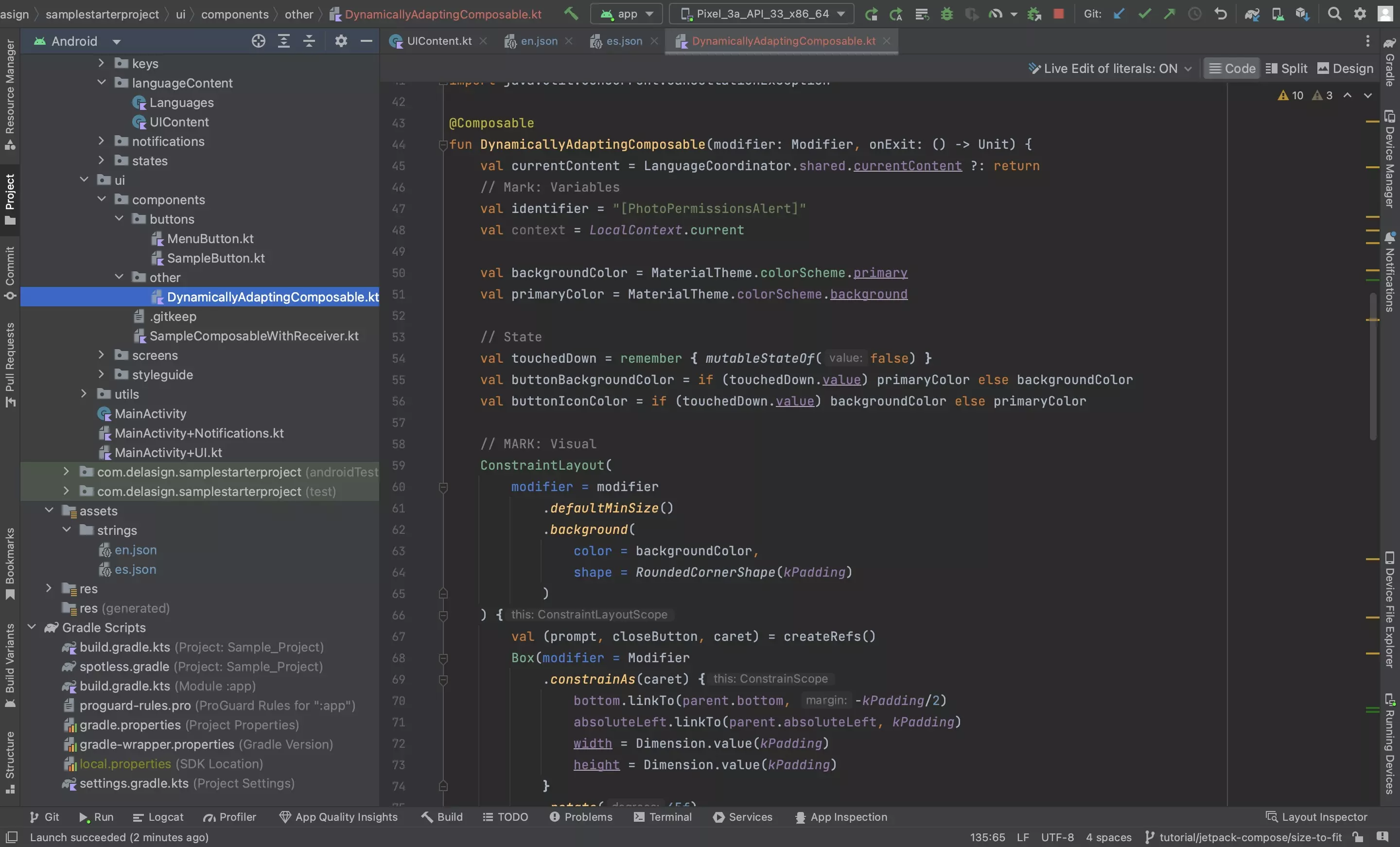 A screenshot of Android Studio showing the composable that dynamically adapts to fit its content. The code can be found below.