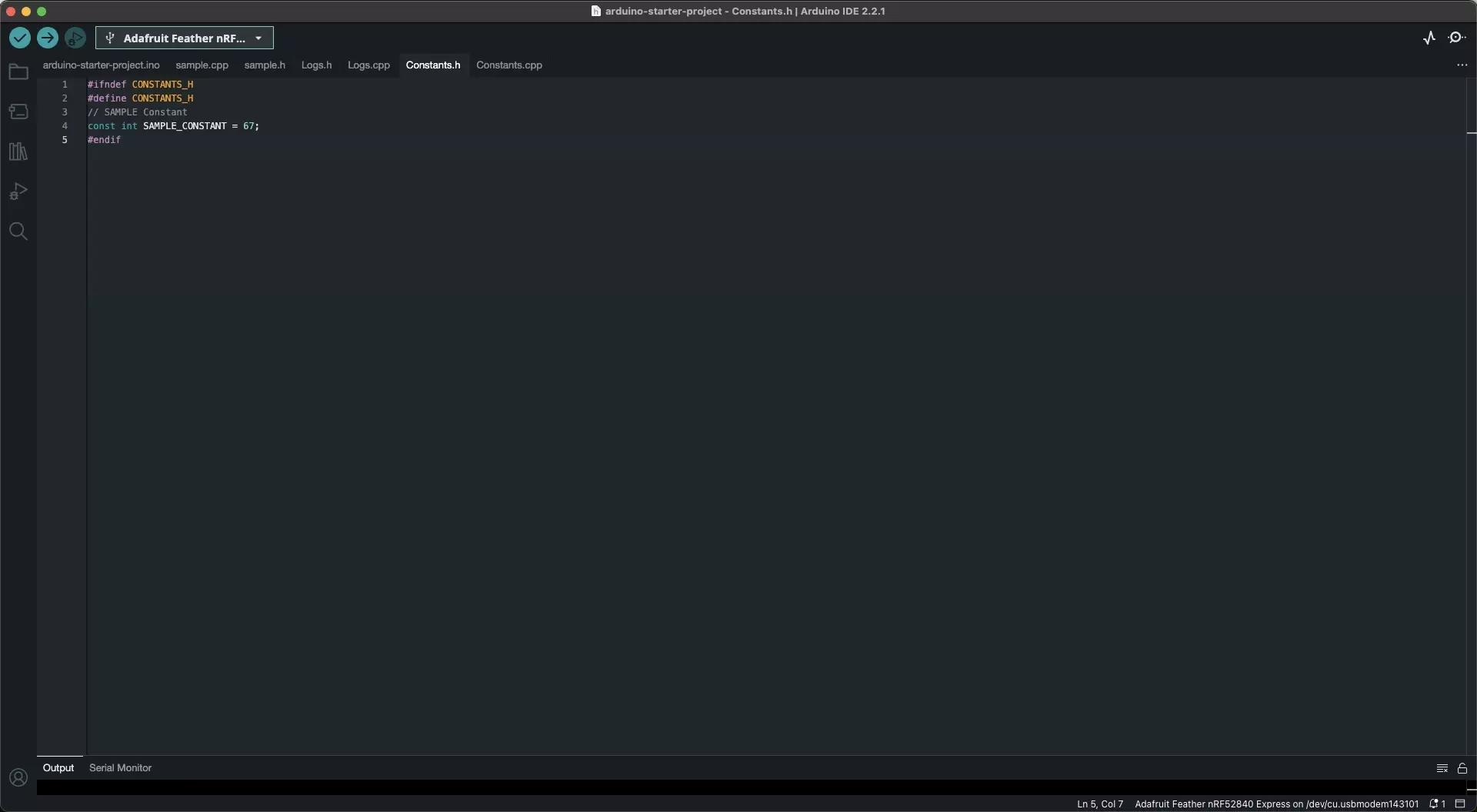 A screenshot of the Arduino IDE showing the Constants.h file where we have declared an integer constant.