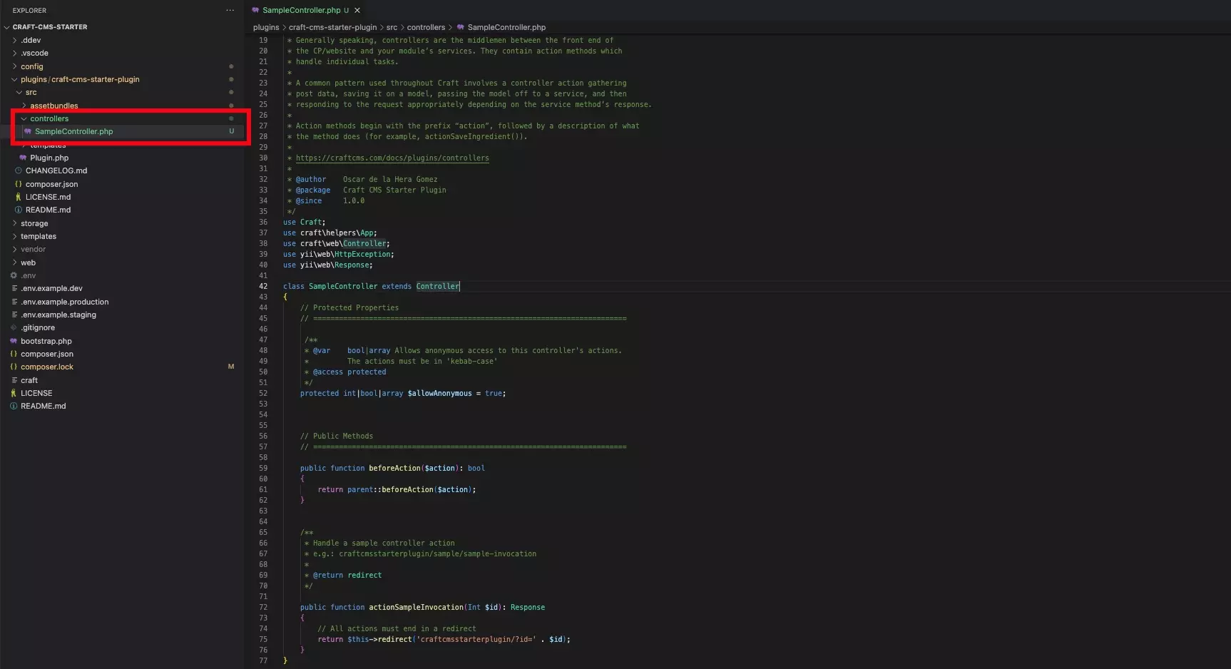 A screenshot of VSCode showing the SampleController.php that we created. The code is available below.
