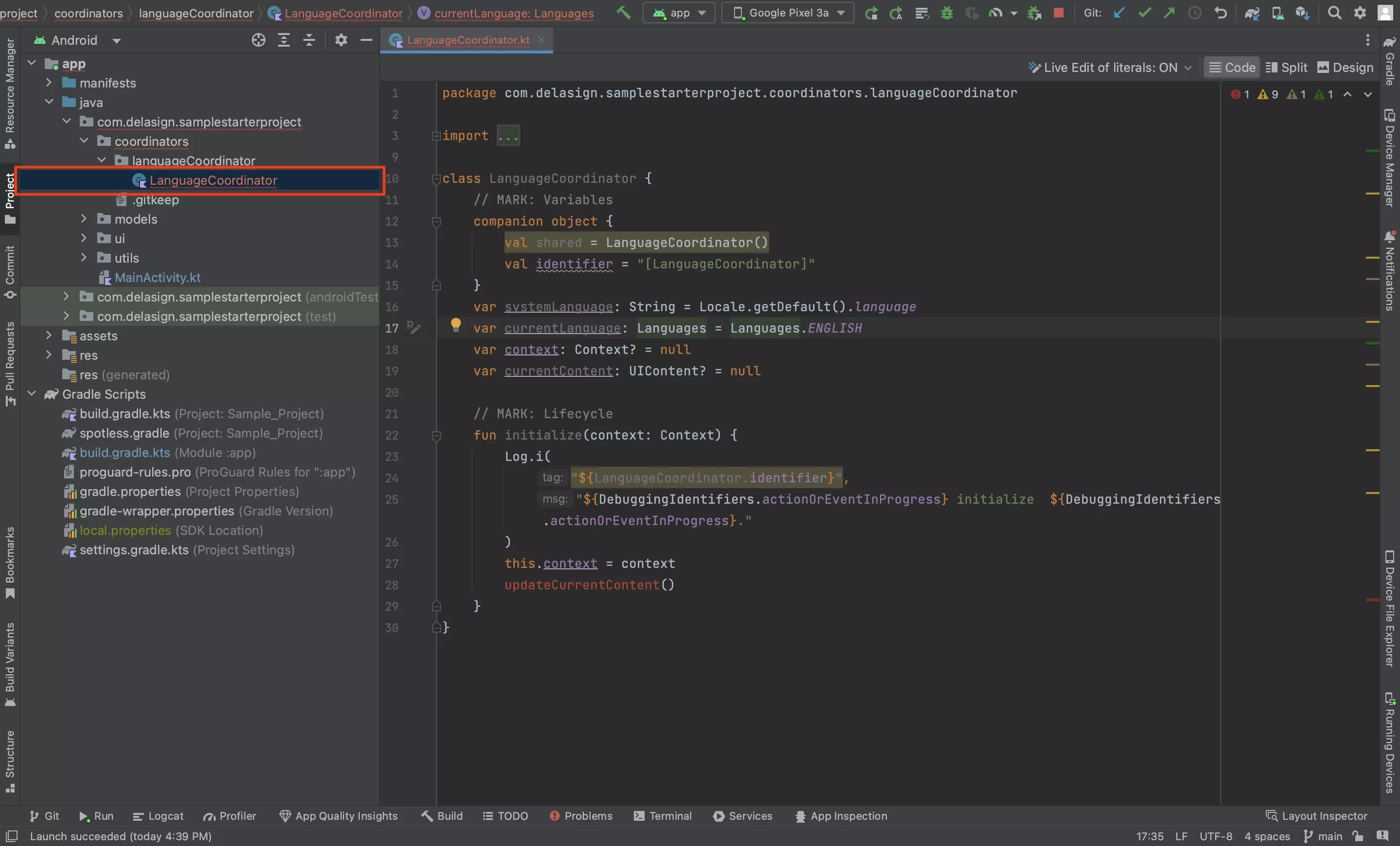 A screenshot of Android Studio showing the Language Coordinator declaration file.