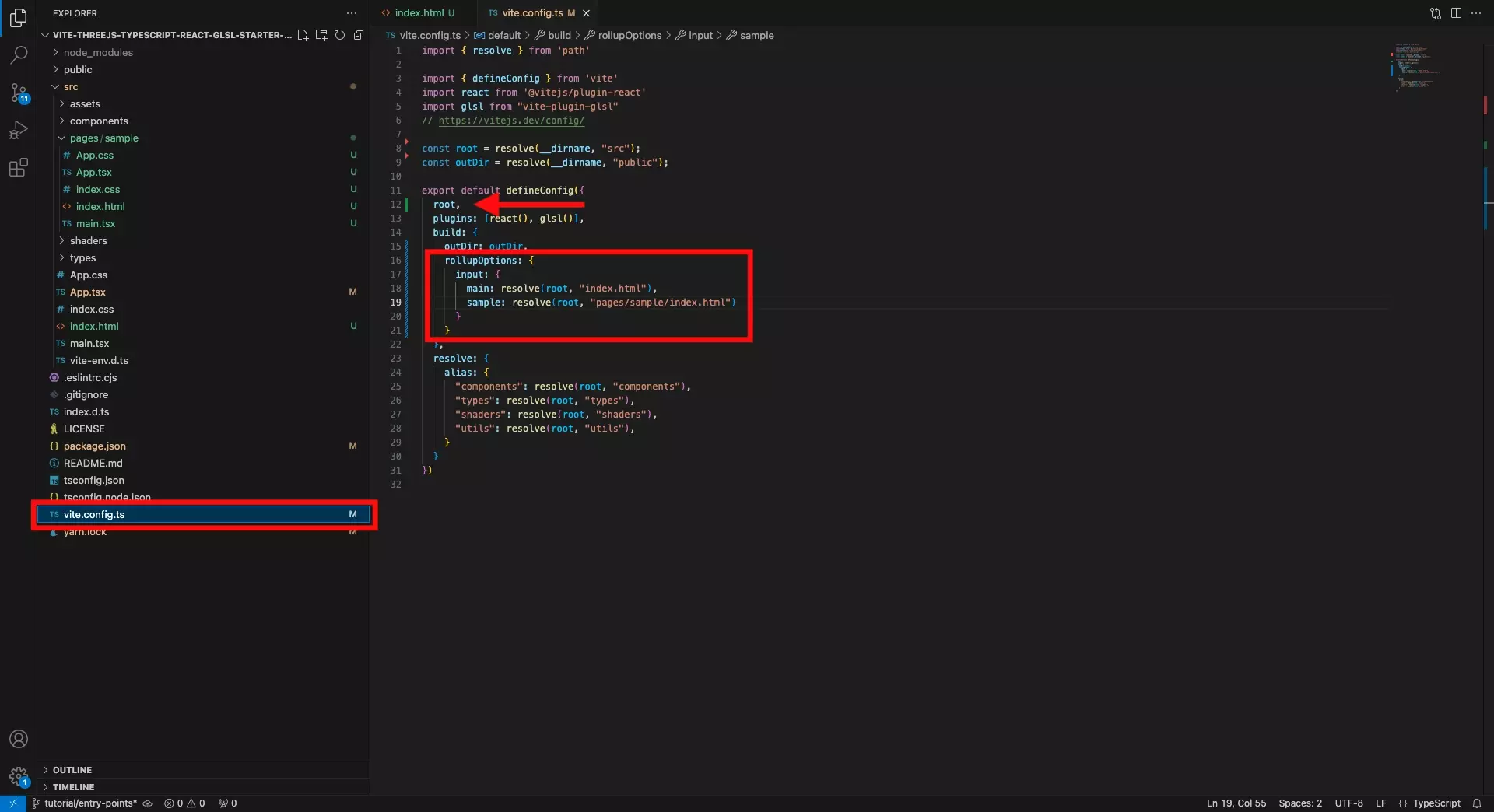 A screenshot of VSCode showing the vite.config.ts file. Highlighted is how we added "root" to the top of the config as well as how we added the inputs. These are available in our open source repository.