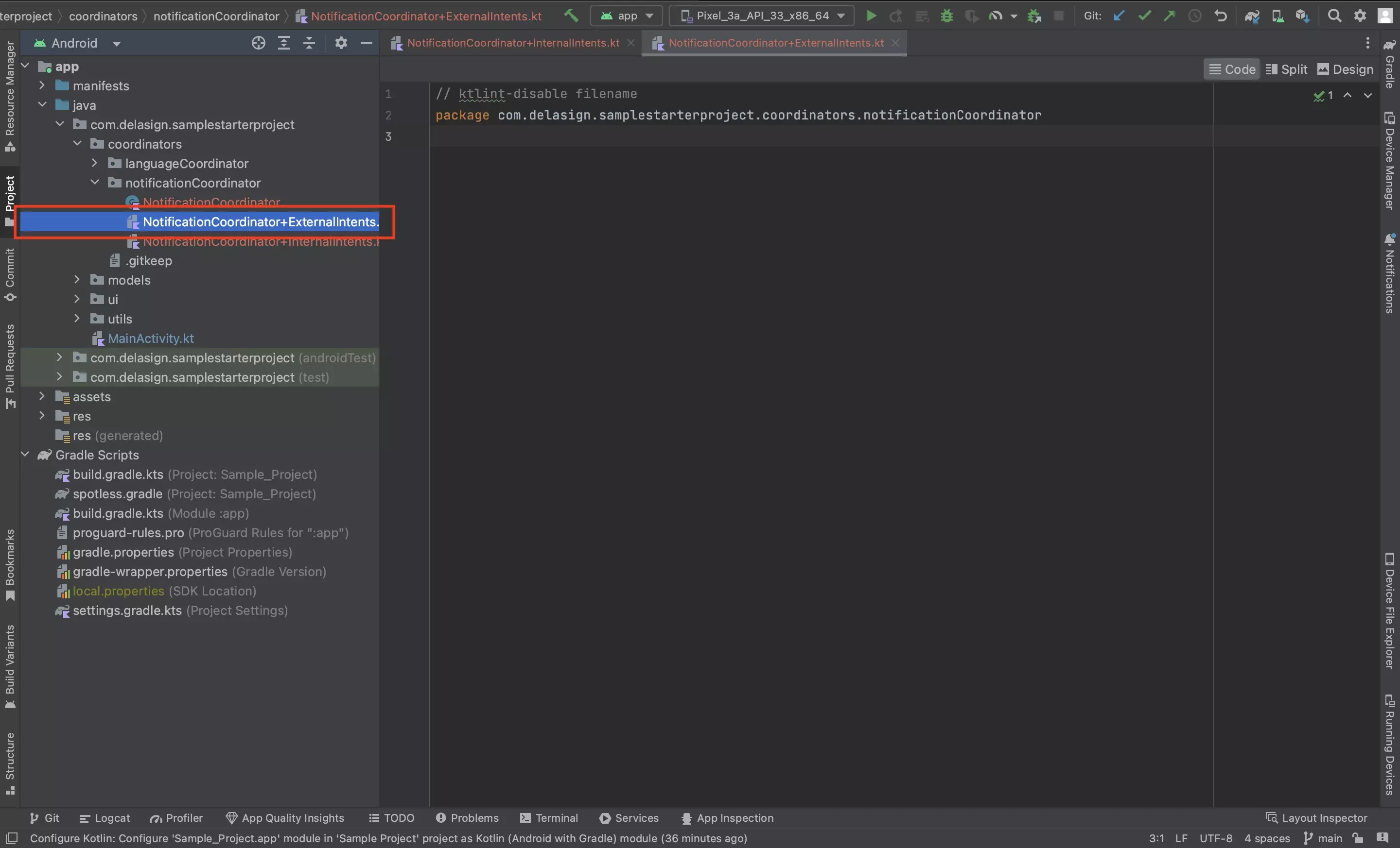 A screenshot of Android Studio showing an empty NotificationsCoordinator+ExternalIntents.kt file.