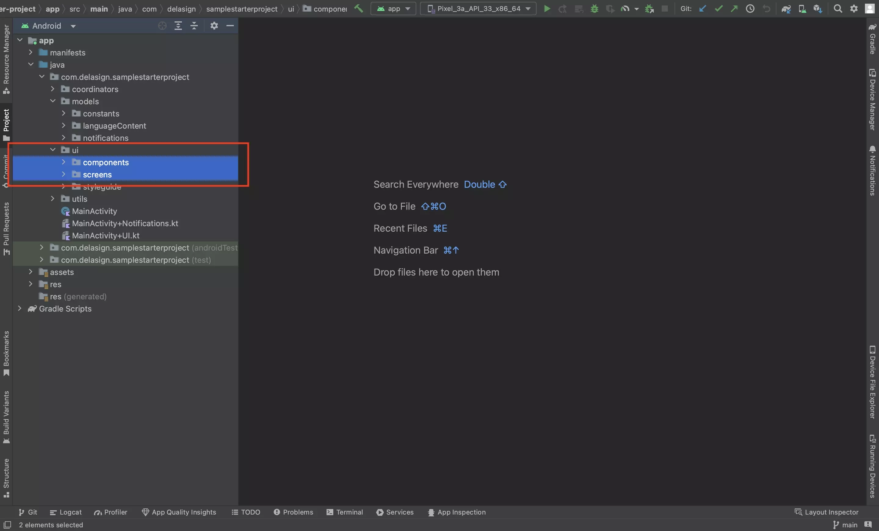 A screenshot of Android Studio highlighting the Component and Screens folder within the UI folder. Create a file within the relevant folder and move onto the next step.