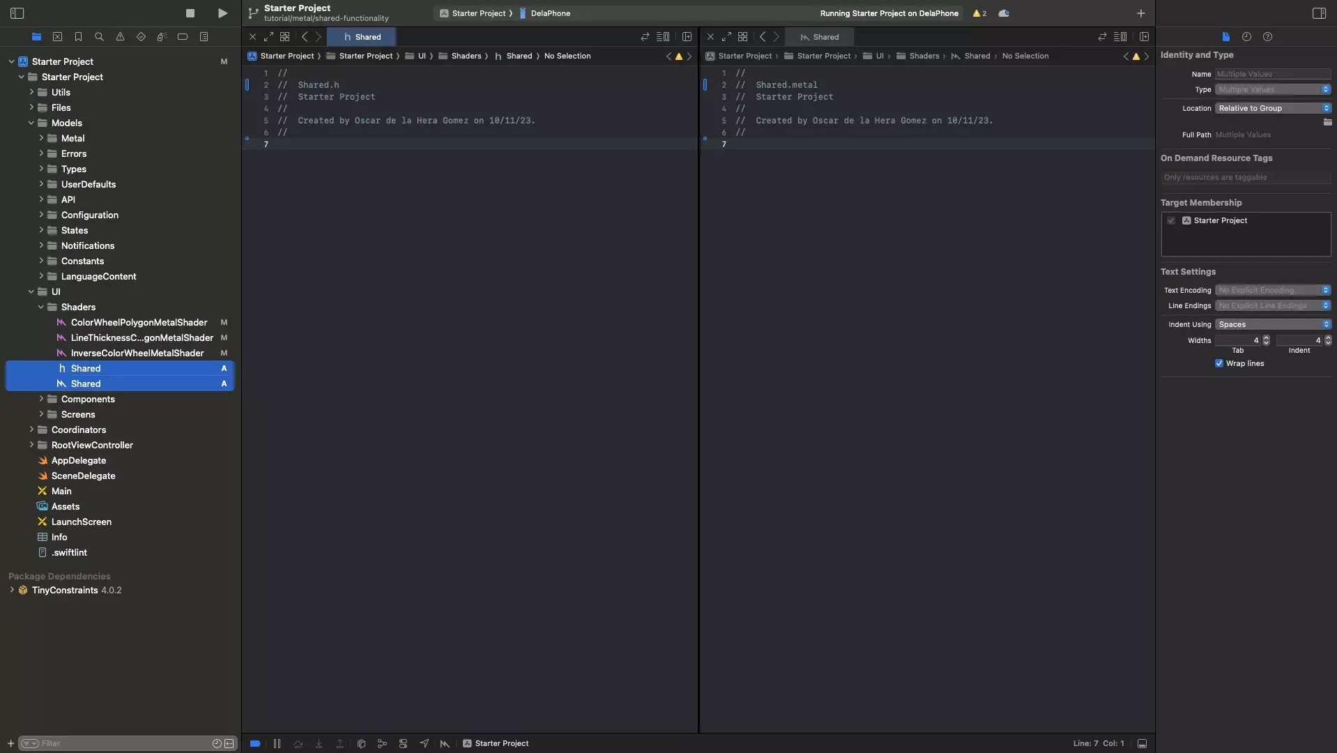 A screenshot of Xcode showing an empty Shared.metal and Shared.h file.