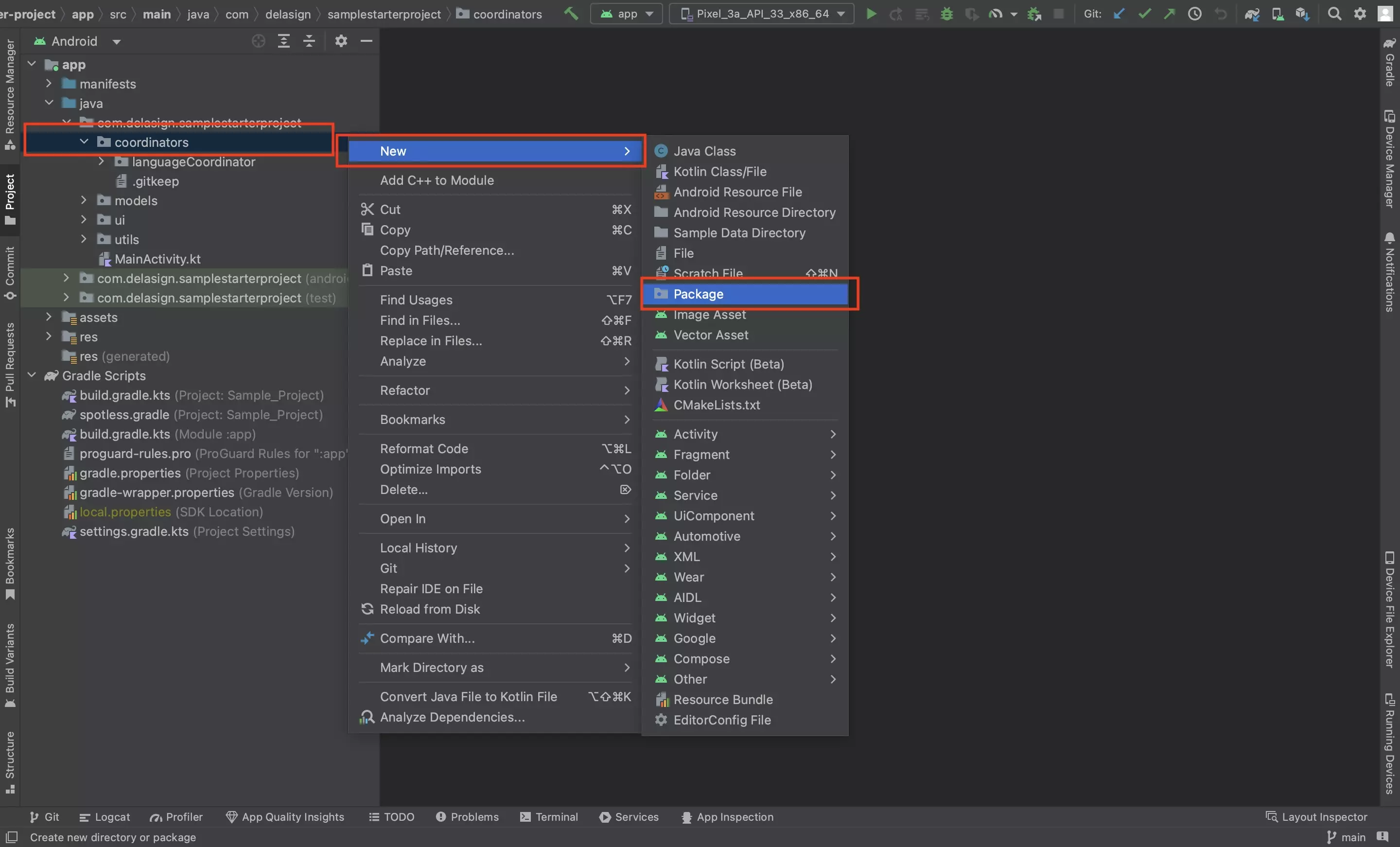 A screenshot of Android Studio showing how to create a package. Selected is the Coordinators package and highlighted is New > Package within the pop up that appears when you right click.