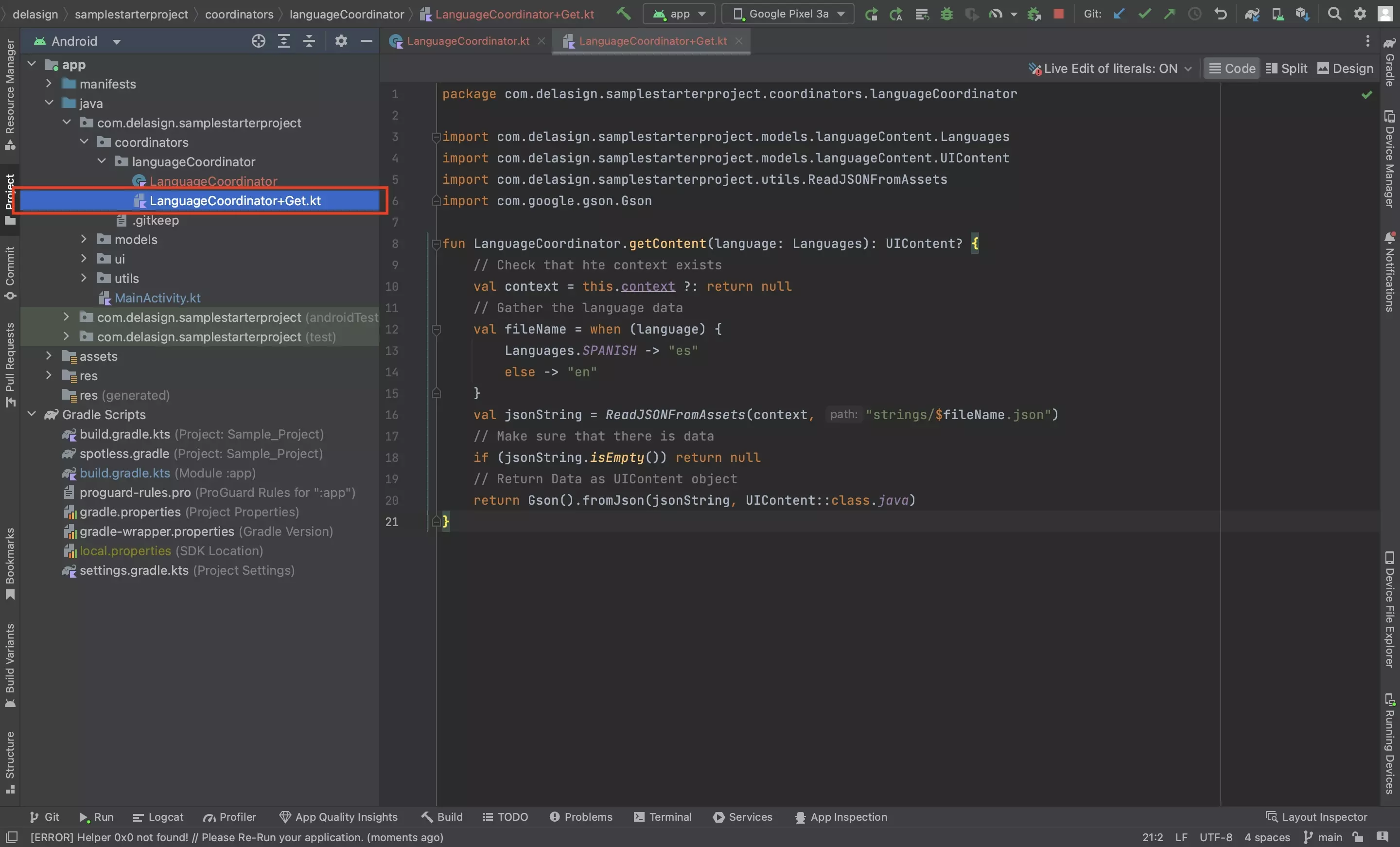 A screenshot of Android Studio showing the Language Coordinator+Get declaration file.