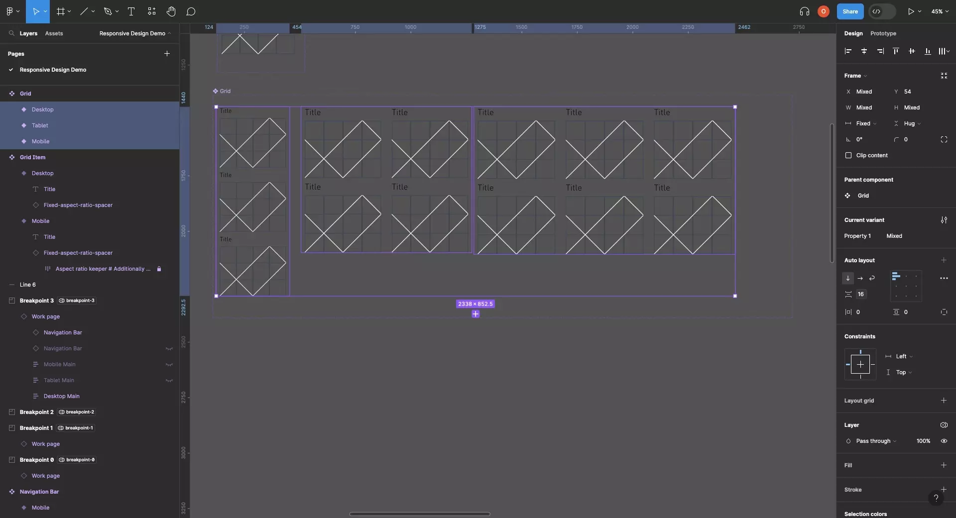 A screenshot of Figma showing how we have created a Grid component with three variants called Mobile, Tablet and Desktop. Mobile is a grid with 1 grid item per row; Tablet has 2 grid items per row and Desktop has 3 grid items per row.<br />