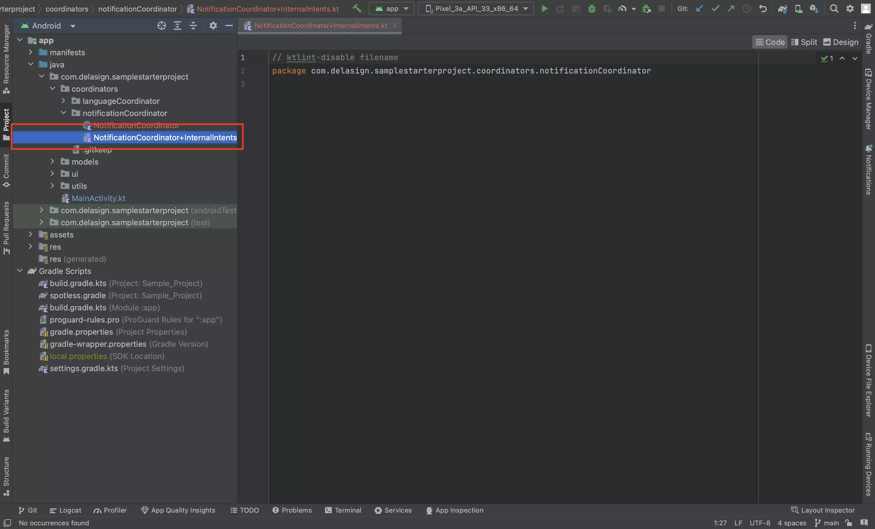 A screenshot of Android Studio showing an empty NotificationsCoordinator+InternalIntents.kt file.