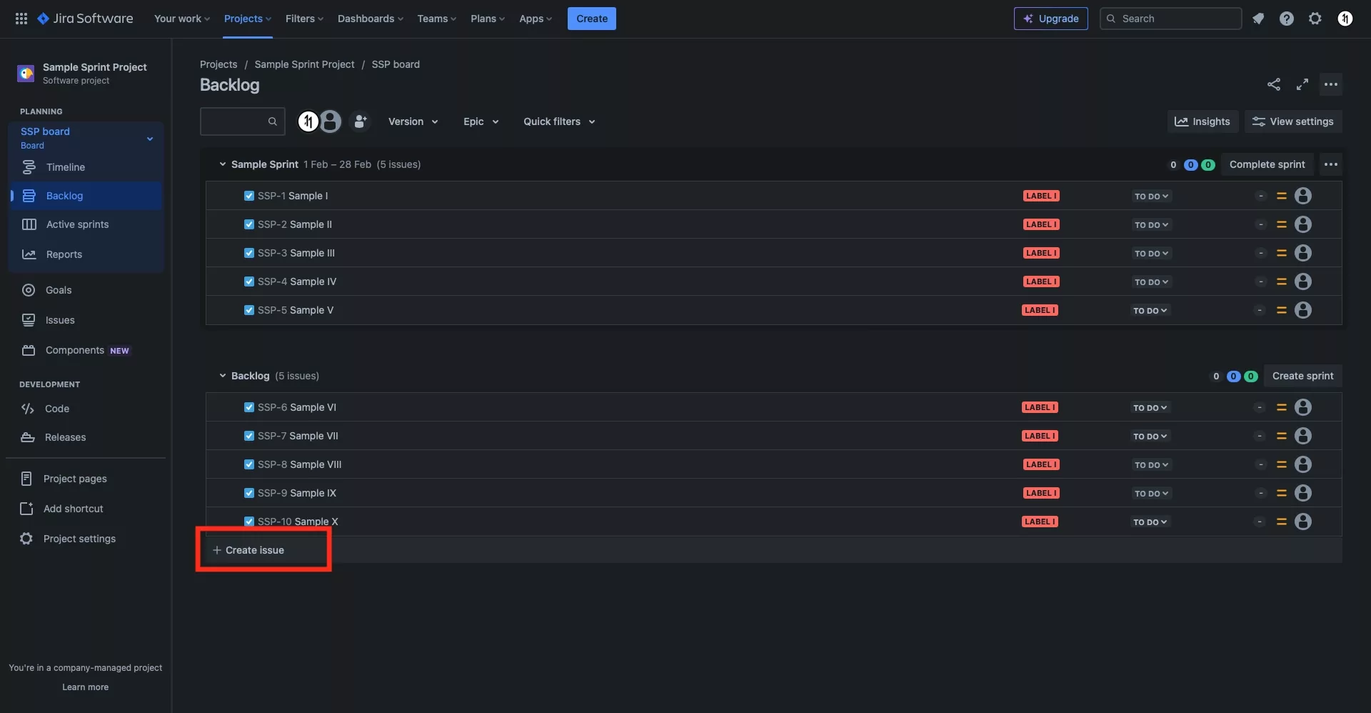 A screenshot of a JIRA backlog. Highlighted is the +Create Issue button.