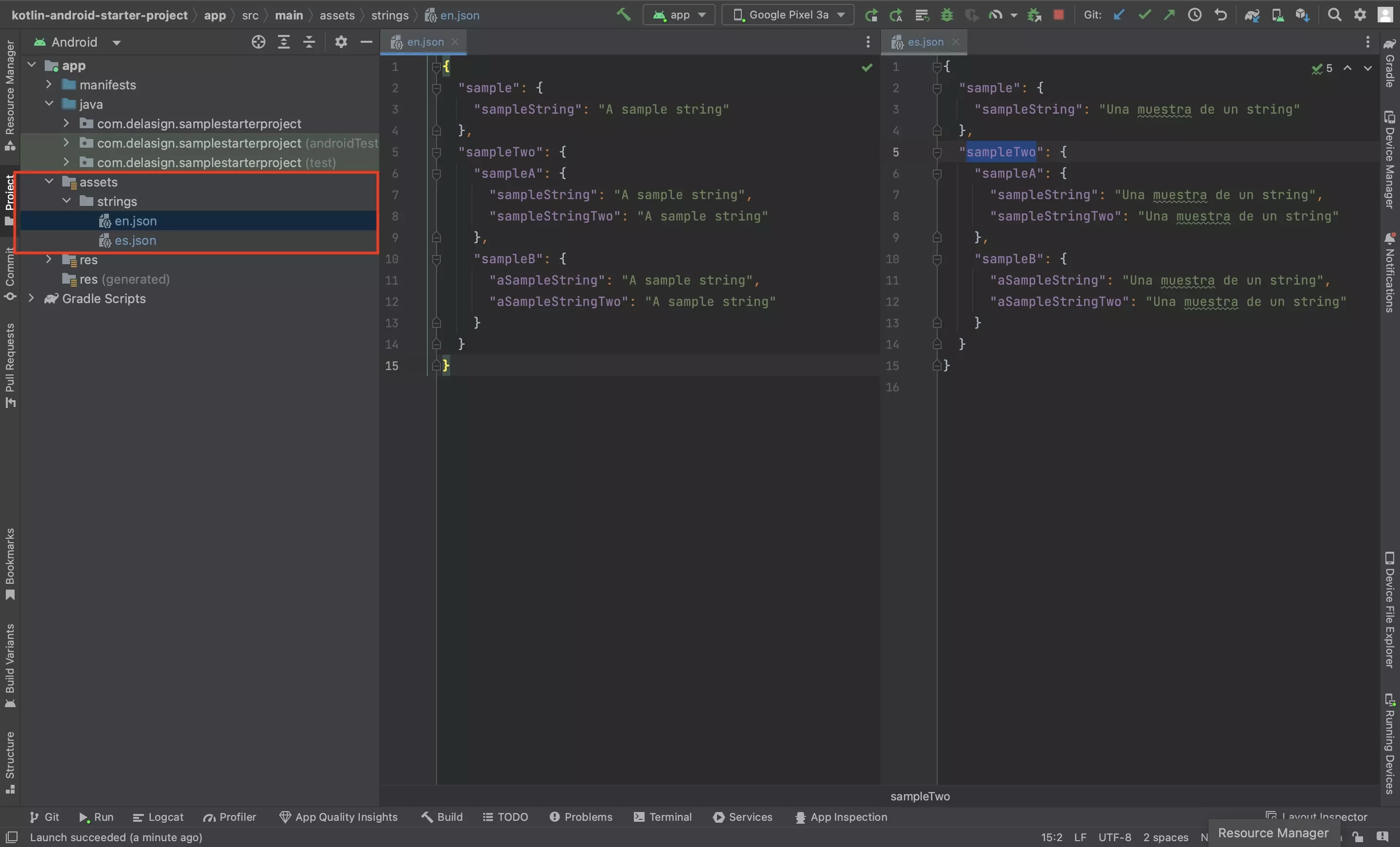 A screenshot of Android Studio showing the language JSONS under a Strings folder within the Assets folder.