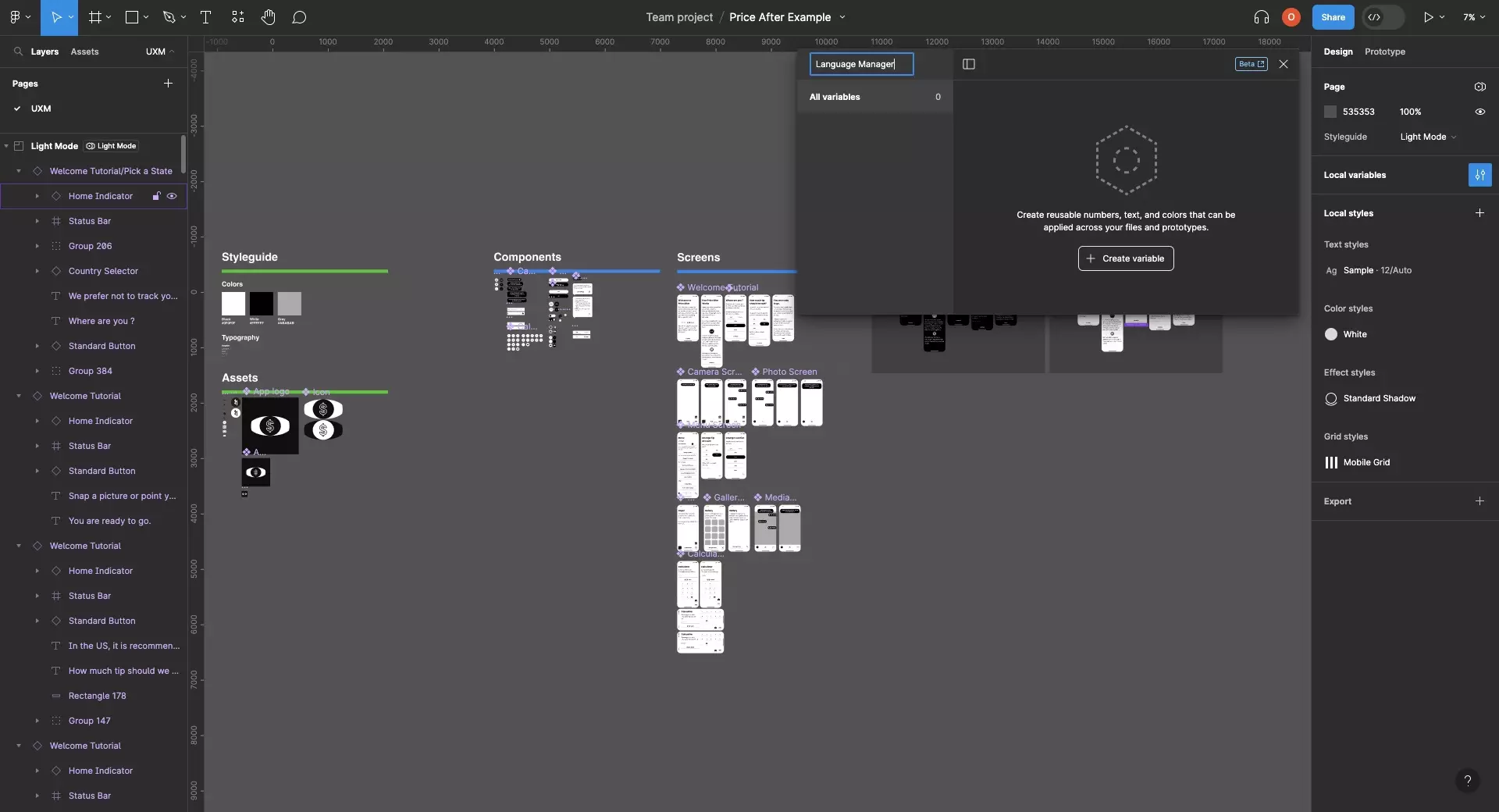 A screenshot of Figma with the Variable Window open, showing how we have created an empty collection called "Language Manager."