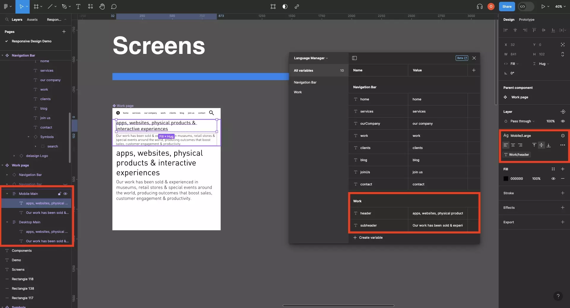 A screenshot of Figma highlighting that a frame that has two identical layouts with varying typographic styling. The layouts are applying text variables to ensure consistency across the text.