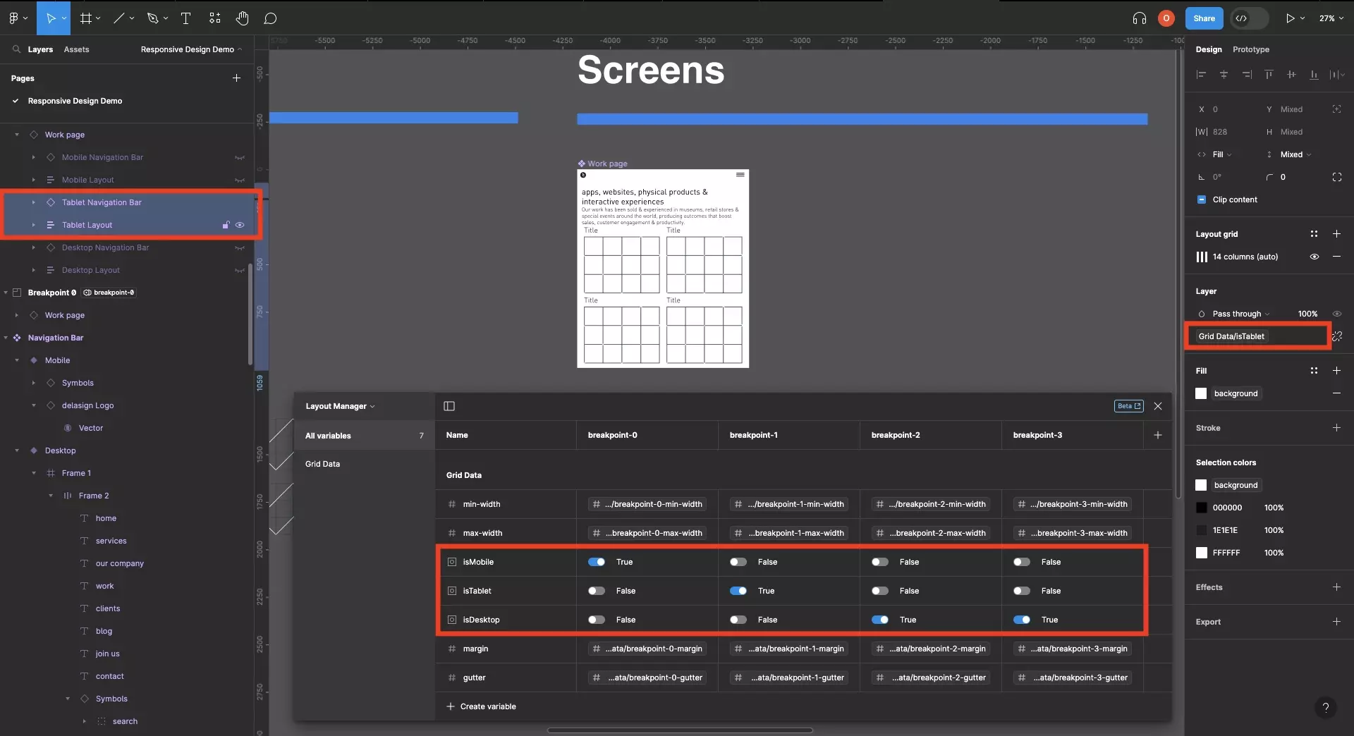 A screenshot of Figma that shows how we have created 3 versions of the work page: mobile, tablet and desktop. Each version has a navigation bar and a layout. The screenshot also shows the variable window open and highlights how the Boolean variables isMobile, isTablet and isDesktop vary across breakpoints. Finally, the screenshot highlights how the boolean variables are used to hide and show layouts and navigation bars depending on the breakpoint that is active.