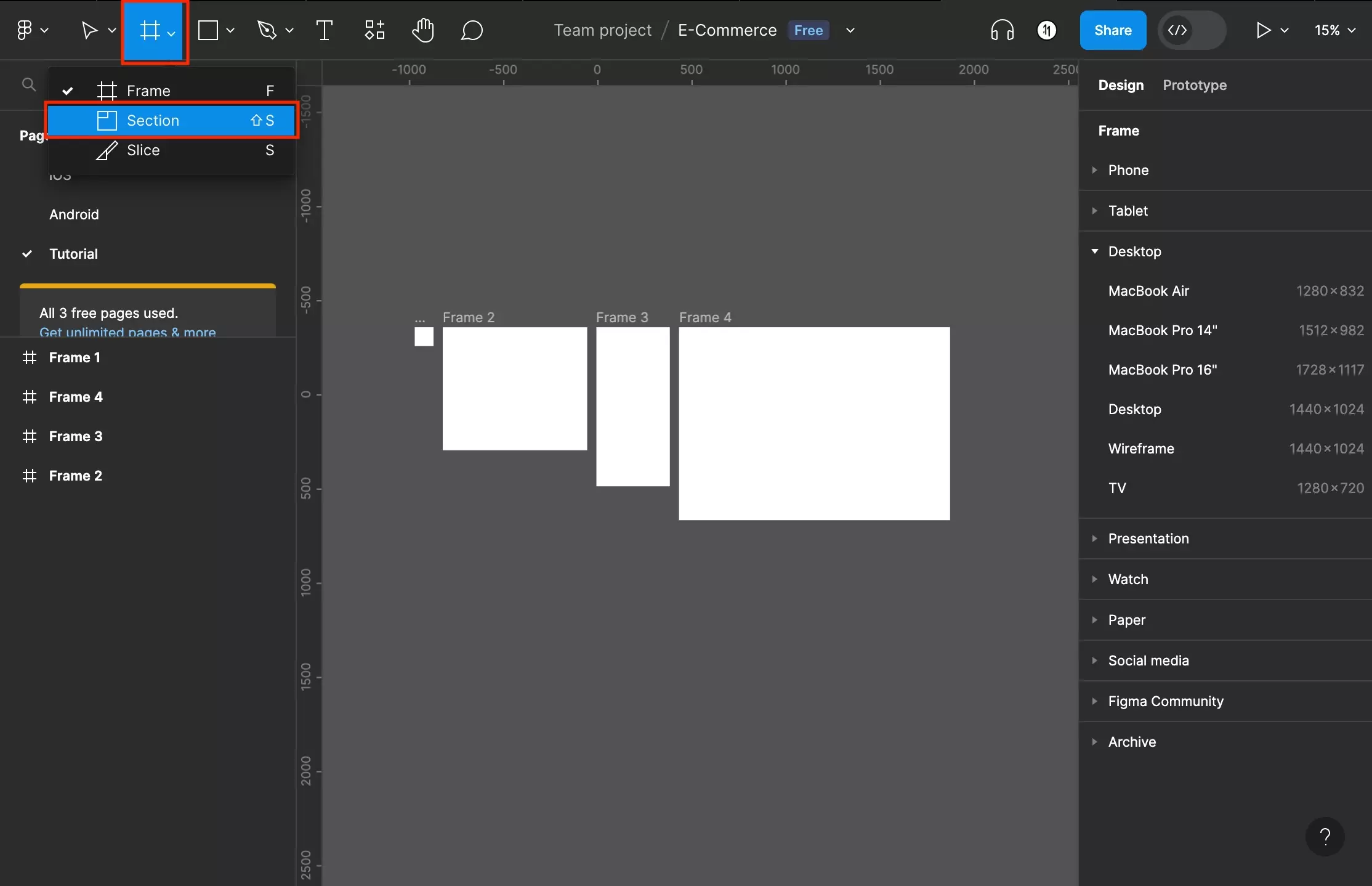 A screenshot of Figma showing you the Frame tool dropdown. Highlighted is the section tab, which can also be accessed by selecting the Figma canvas and pressing Shift + S.