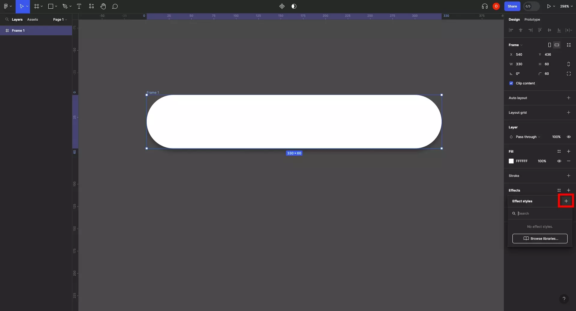 
<p>A screenshot of Figma showing a frame with a drop shadow effect applied. Highlighted on the right sidebar is the + within the Effect Styles menu. Click it to create a new style based on the style that you selected or created in Step One.</p>
<p></p>