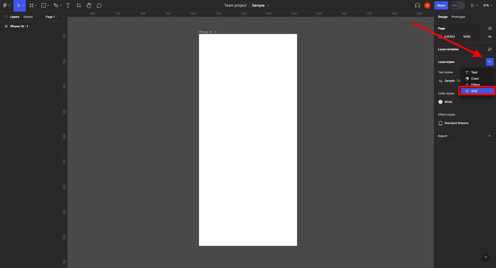 A screenshot of Figma that shows that if the canvas is selected (i.e. nothing is selected) that you can create a new style of any type by pressing the + button next to "Local Variables" on the right menu side bar. This opens up a menu that allows you to create a text, color, effect or grid style. Click grid style to continue.