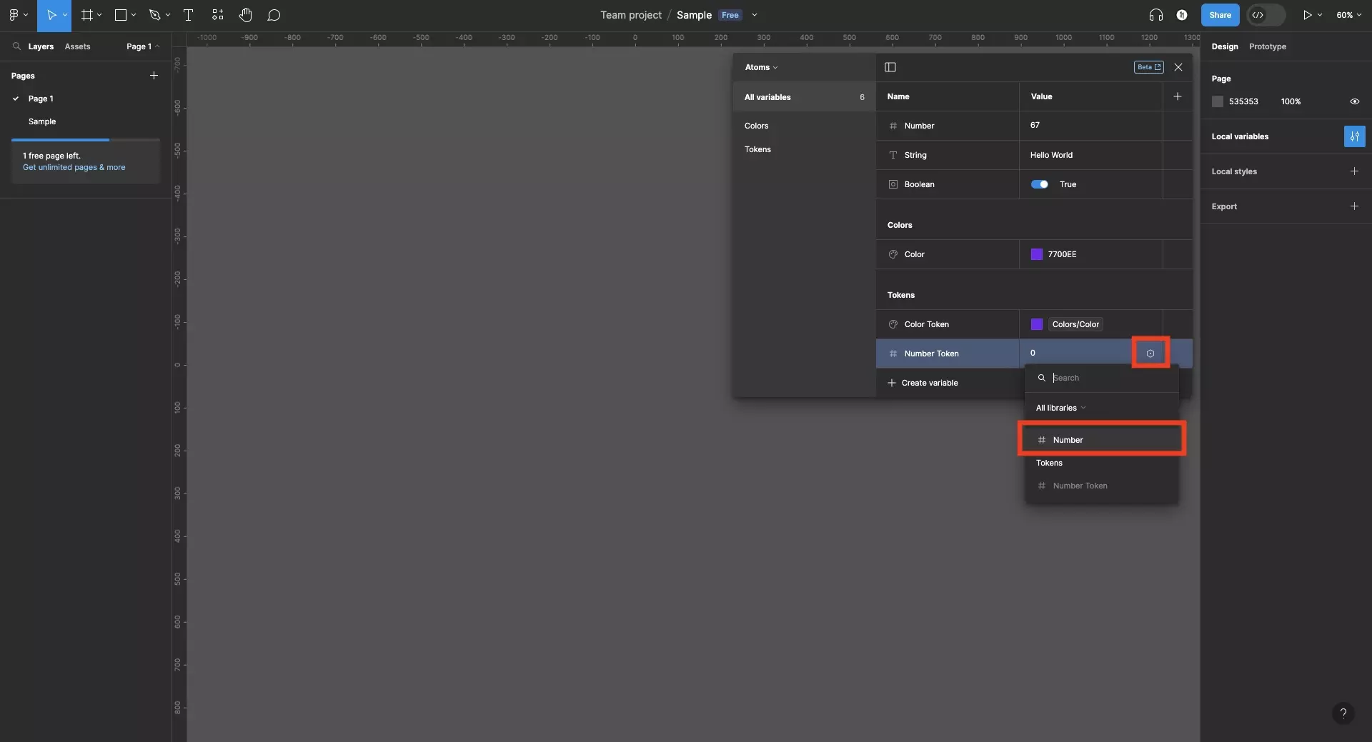 A screenshot of Figma that shows that we selected the variable icon at the end of the number input to the right of the number variable that we wished to create into a token. This icon opens up a menu that allows us to select previously created number variables to reference.