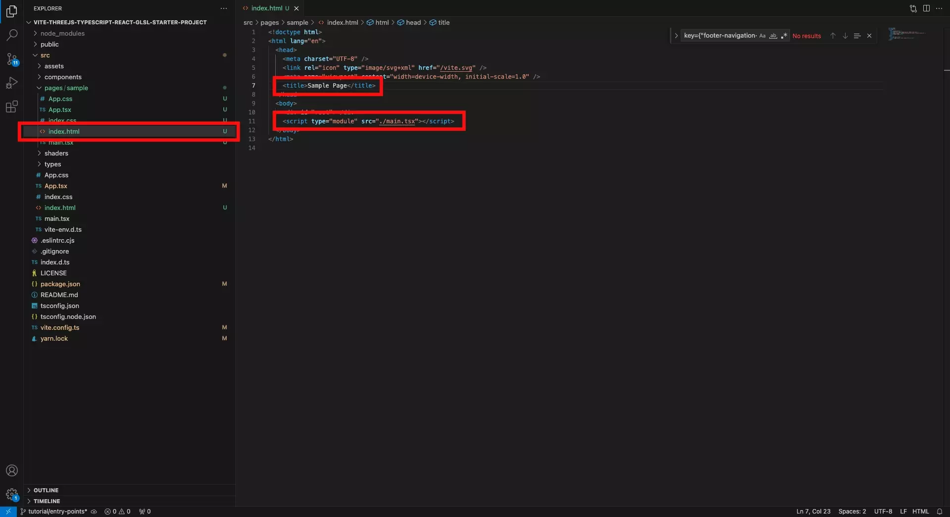 A screenshot of VSCode showing how we created a new page by copying all the files that represent a page. Highlighted on the index.html is how we changed the route to the main.tsx file and how we changed the meta title.