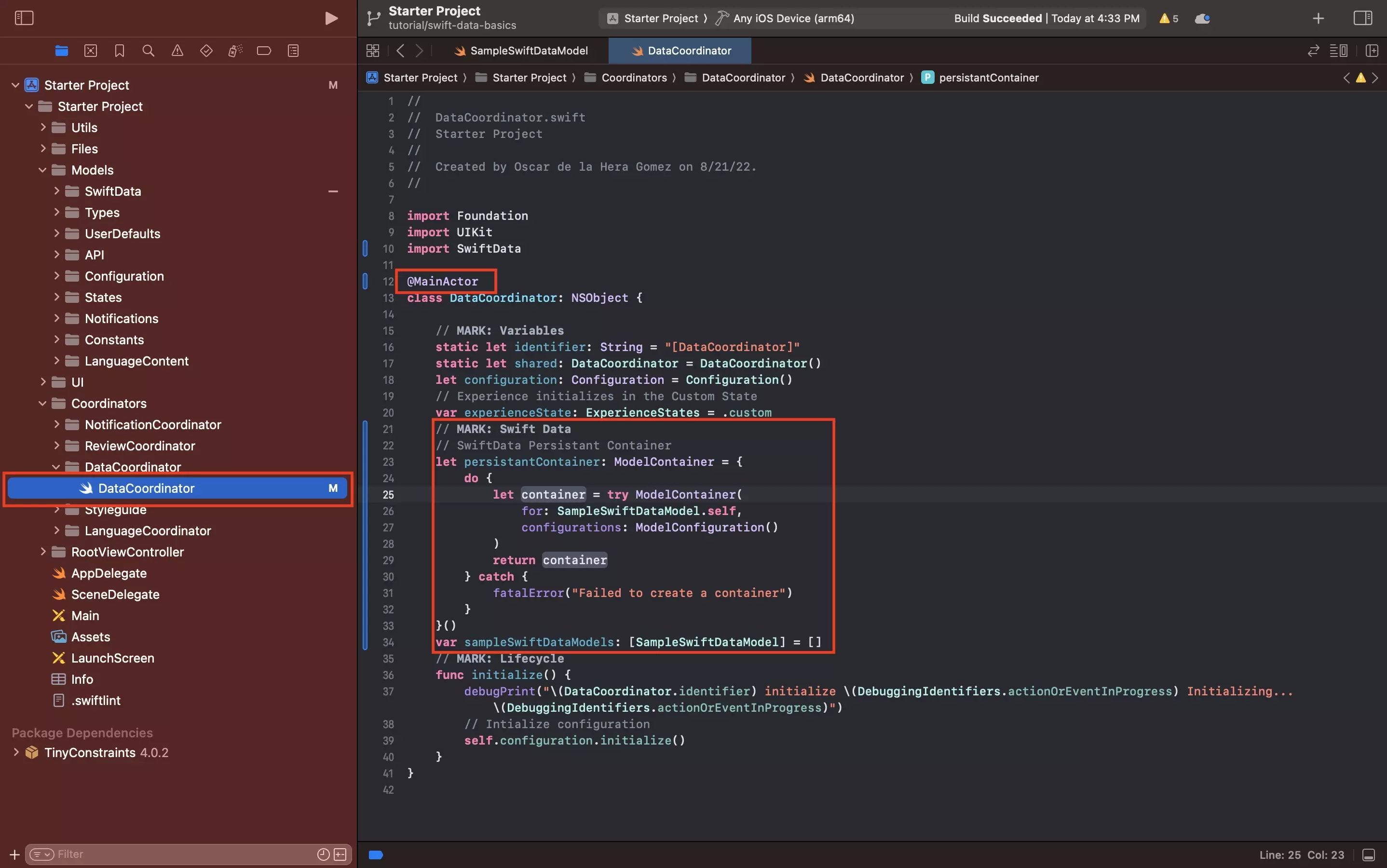 A screenshot of Xcode showing the DataCoordinator.swift file. Highlighted on the file is the code used for the persistent container within a main actor, and theres an empty array that will hold all the objects once we have fetched them. The sample code is below.