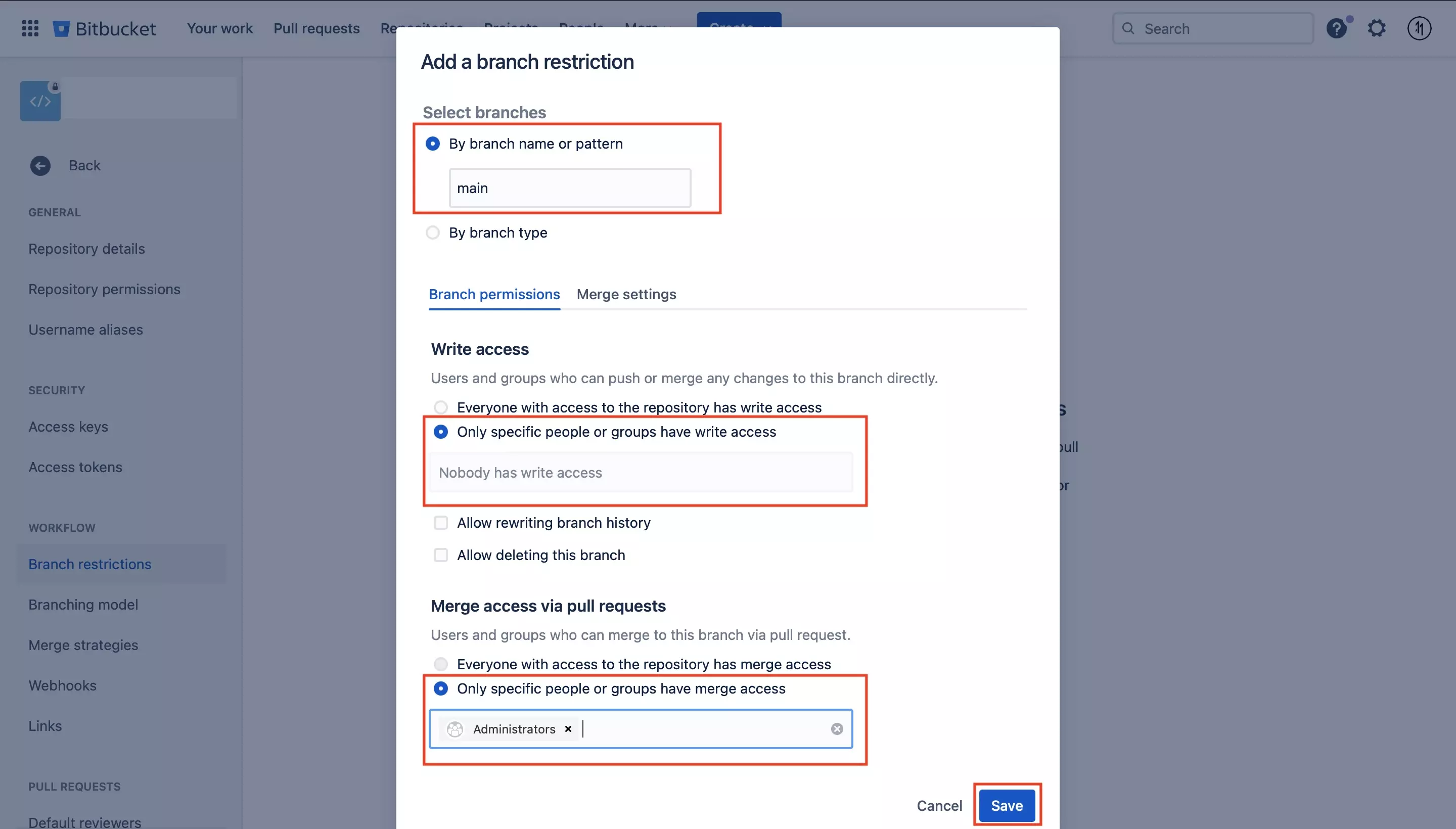 A screenshot of the Bitbucket Add Branch Restriction modal that appears when you click Add Branch Restrictions. We have highlighted the area where you input the branch name (in this case "Main"). We have also highlighted the areas where you can restrict pushes and only allow merges from certain groups or individuals. Finally highlighted is the "Save" button on the bottom right which must be clicked once everything looks good to create the branch restriction.