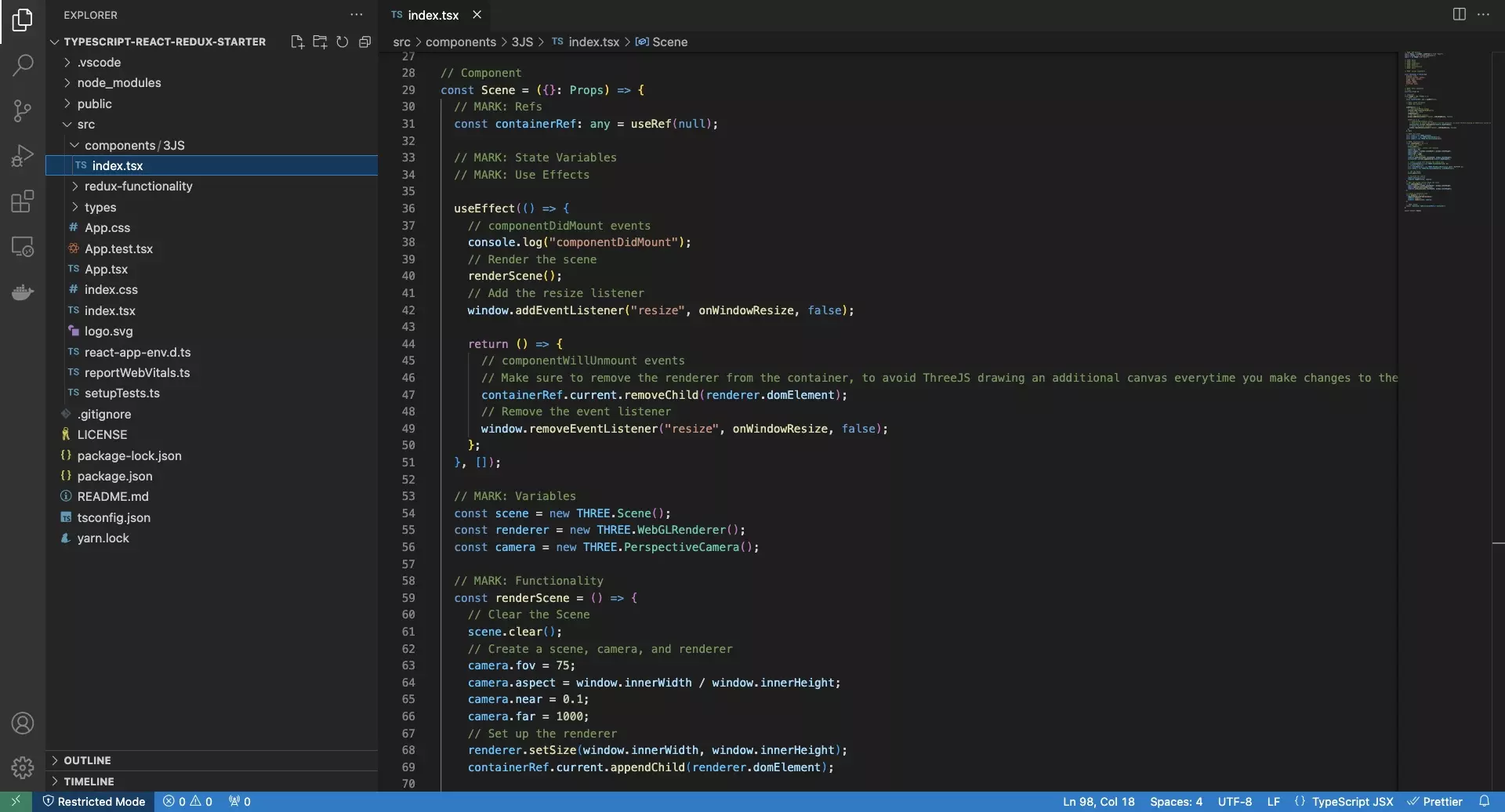 A screenshot of VSCode showing the code for the ThreeJS scene. The code is found below.