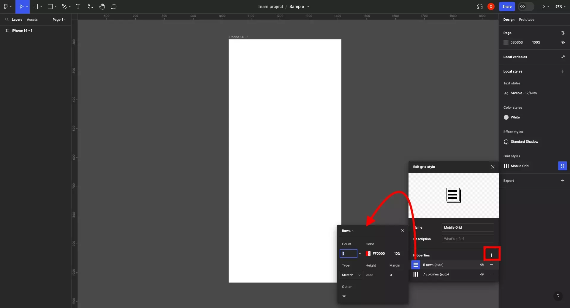 A screenshot Figma with the Grid Style configuration window open. We have highlighted the plus on the bottom right which allows you to add another grid element to your grid style. The screenshot shows that we clicked the plus and a second grid appeared. We have also highlighted the grid icon next to the second item, and how if you click it it opens up a configuration menu for that item.