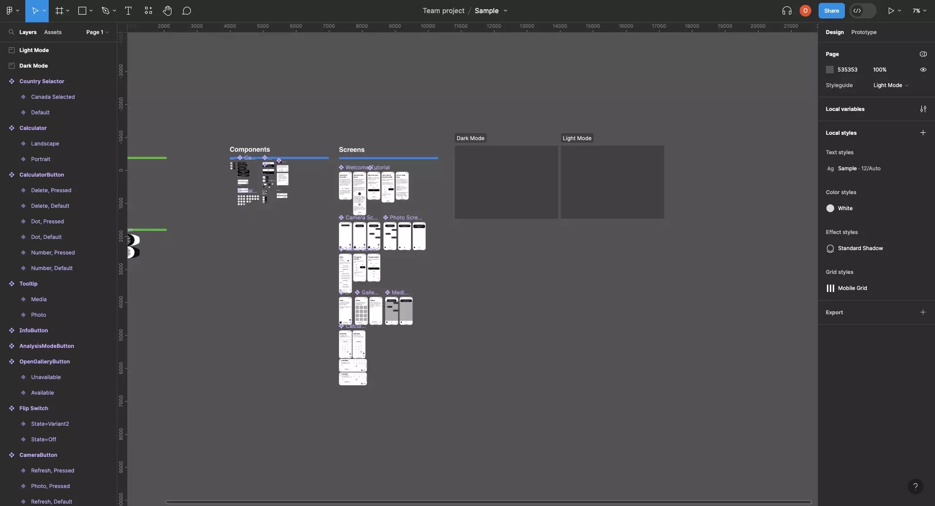 A screenshot of a Figma design files showing UI elements and two sections called "Light Mode" and "Dark Mode."