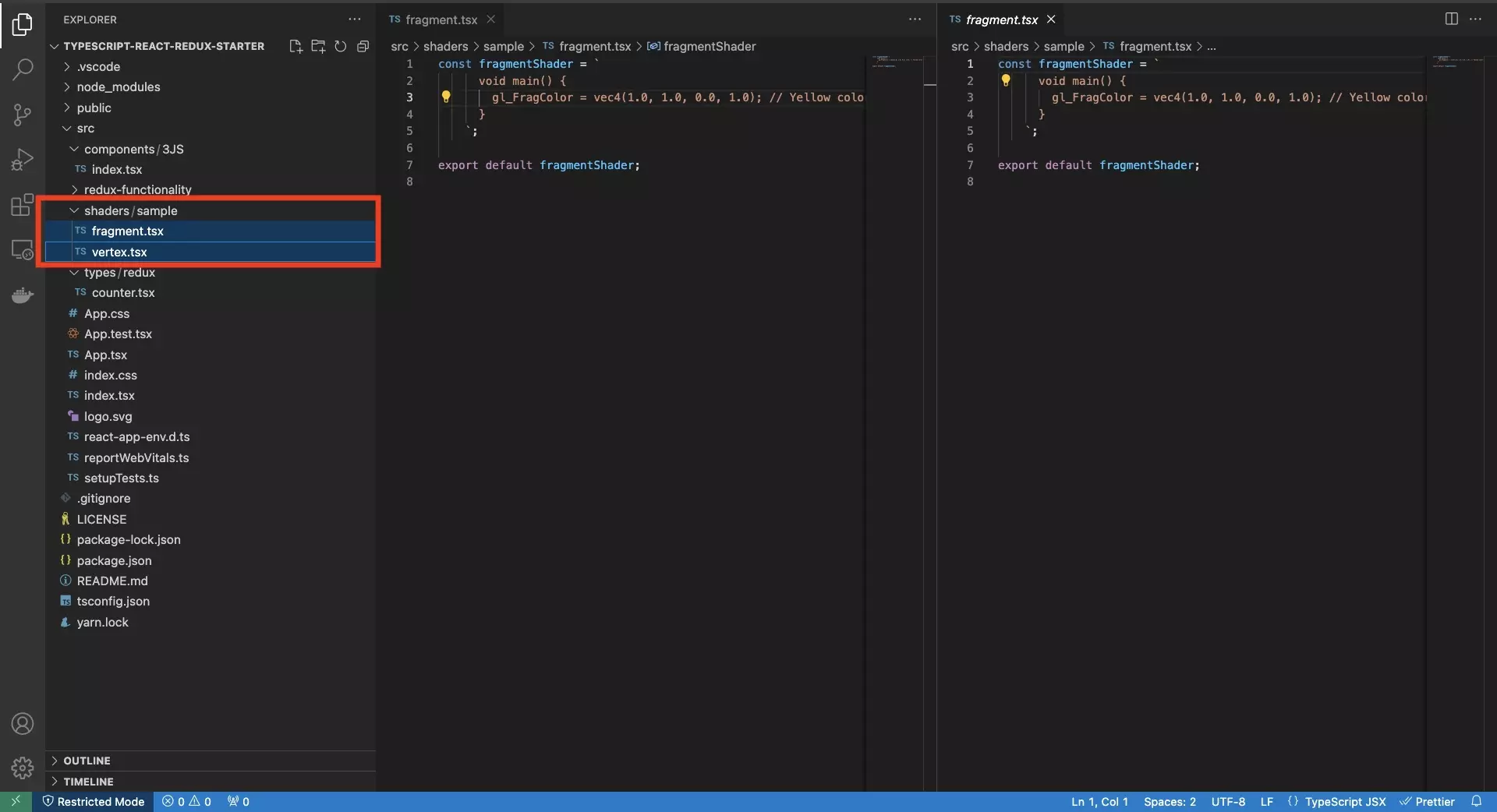 A screenshot of VSCode showing the shader functions that we offer in the code below.