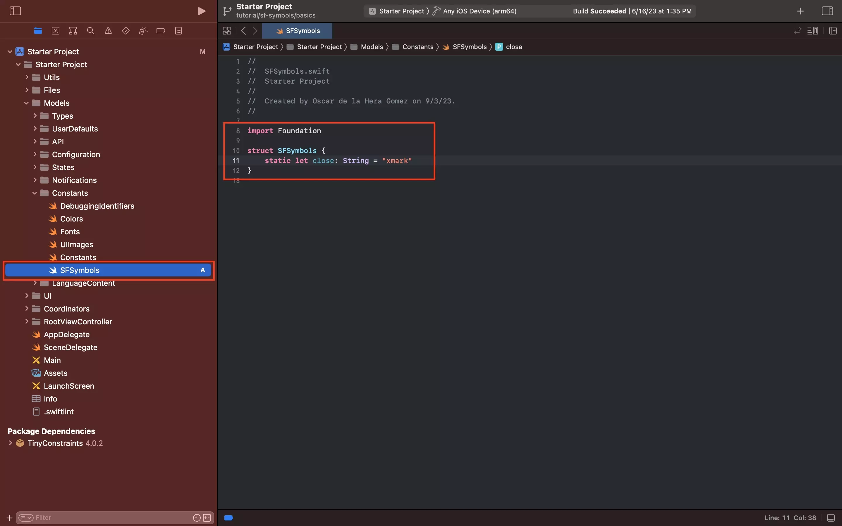A screenshot of Xcode highlighting the "SF Symbols" file that we created in this step. Within the SFSymbols.swift file, we have highlighted a struct that currently holds a single static string called "close" and which has a value of "xmark." Add all the references to SF Symbols to a struct similar to this one within your project.
