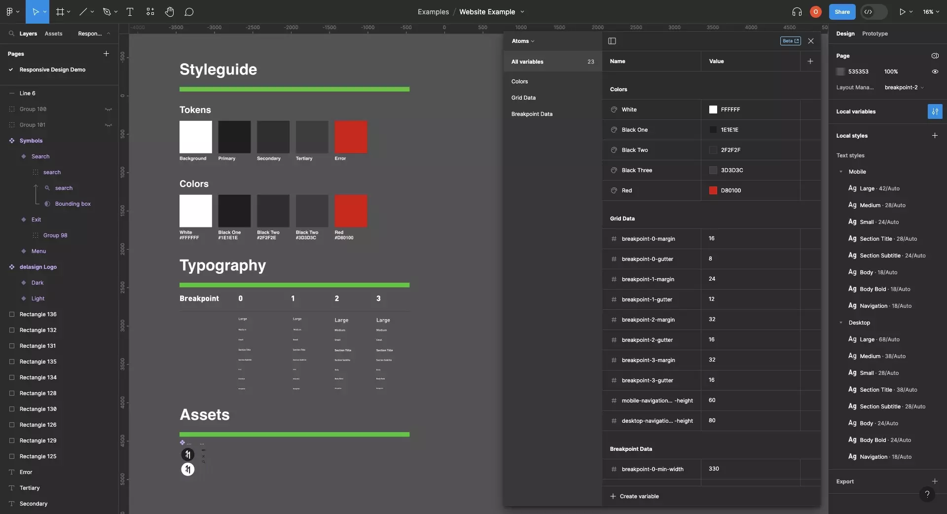 A screenshot of Figma showing Styleguide, Typography and Assets next to a variable window that shows that the project has a design system. To learn how to create one, follow the tutorial in the link below.