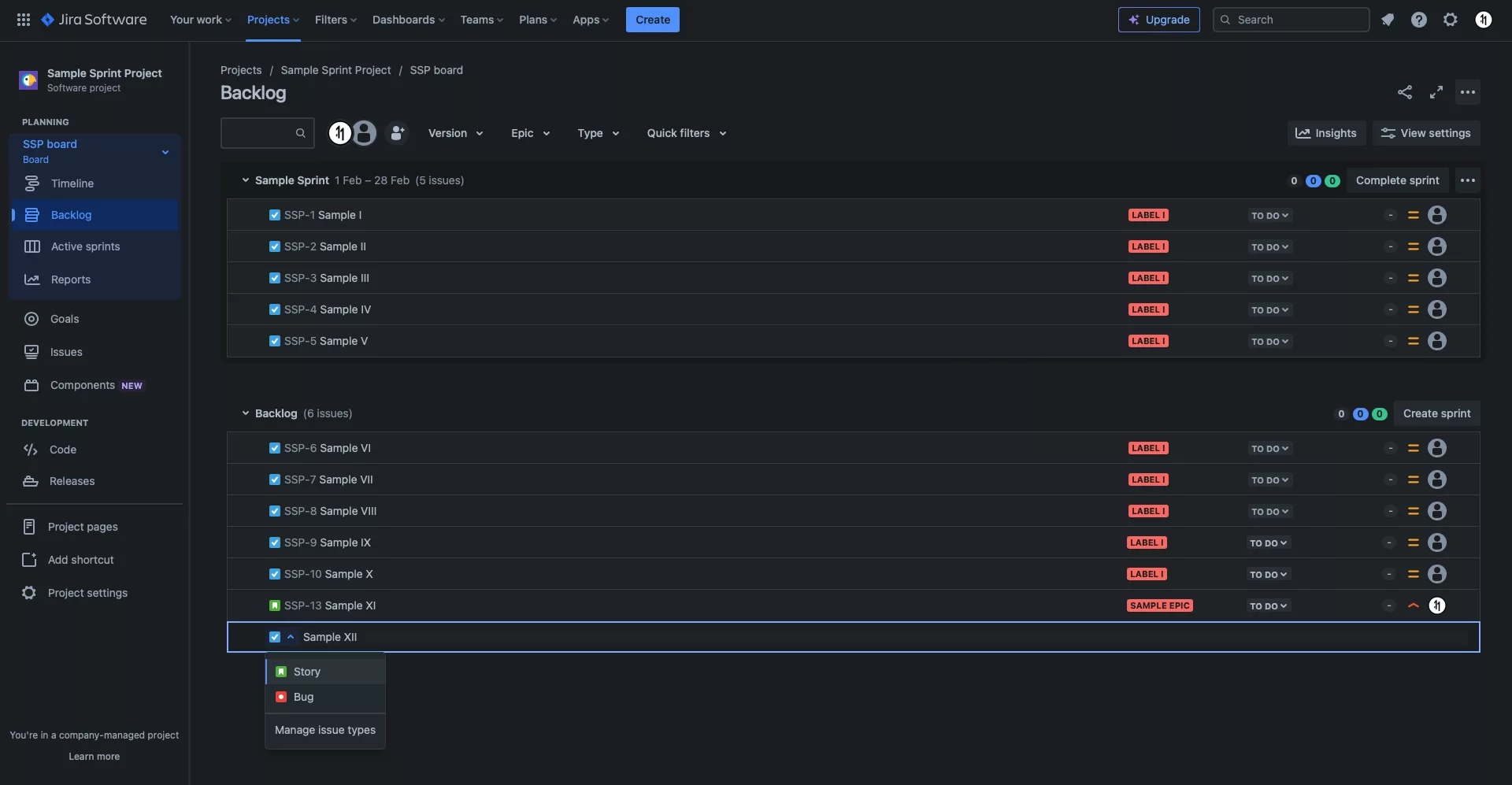 A screenshot of a JIRA backlog demonstrating how you can create a task. If you click the dropdown next to the icon on the far left of the new task, to edit the issue type to Task,