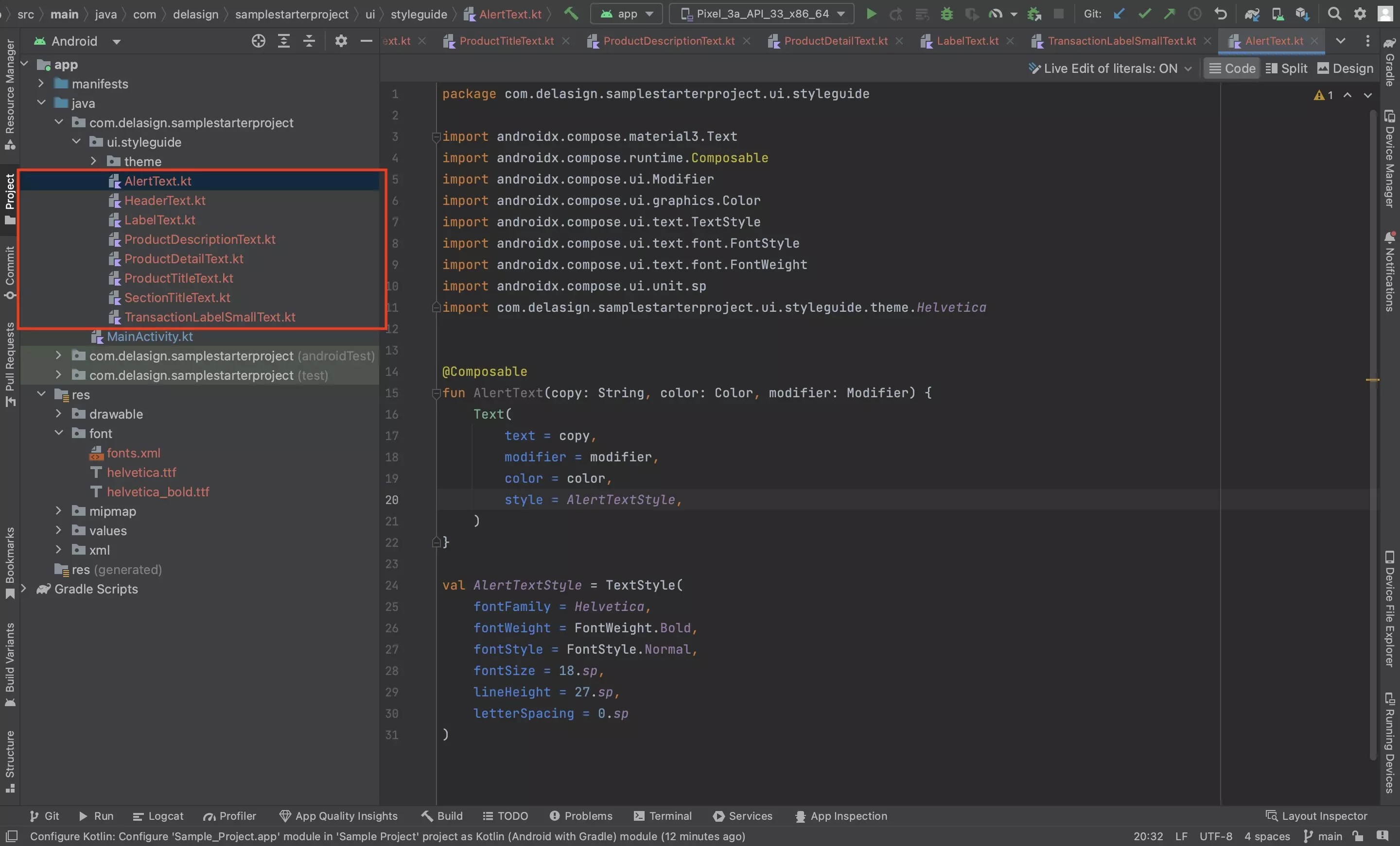 A screenshot of Android Studio showing one of the files from the ones that we added to recreate the Custom TextStyles from our e-commerce Figma Template.