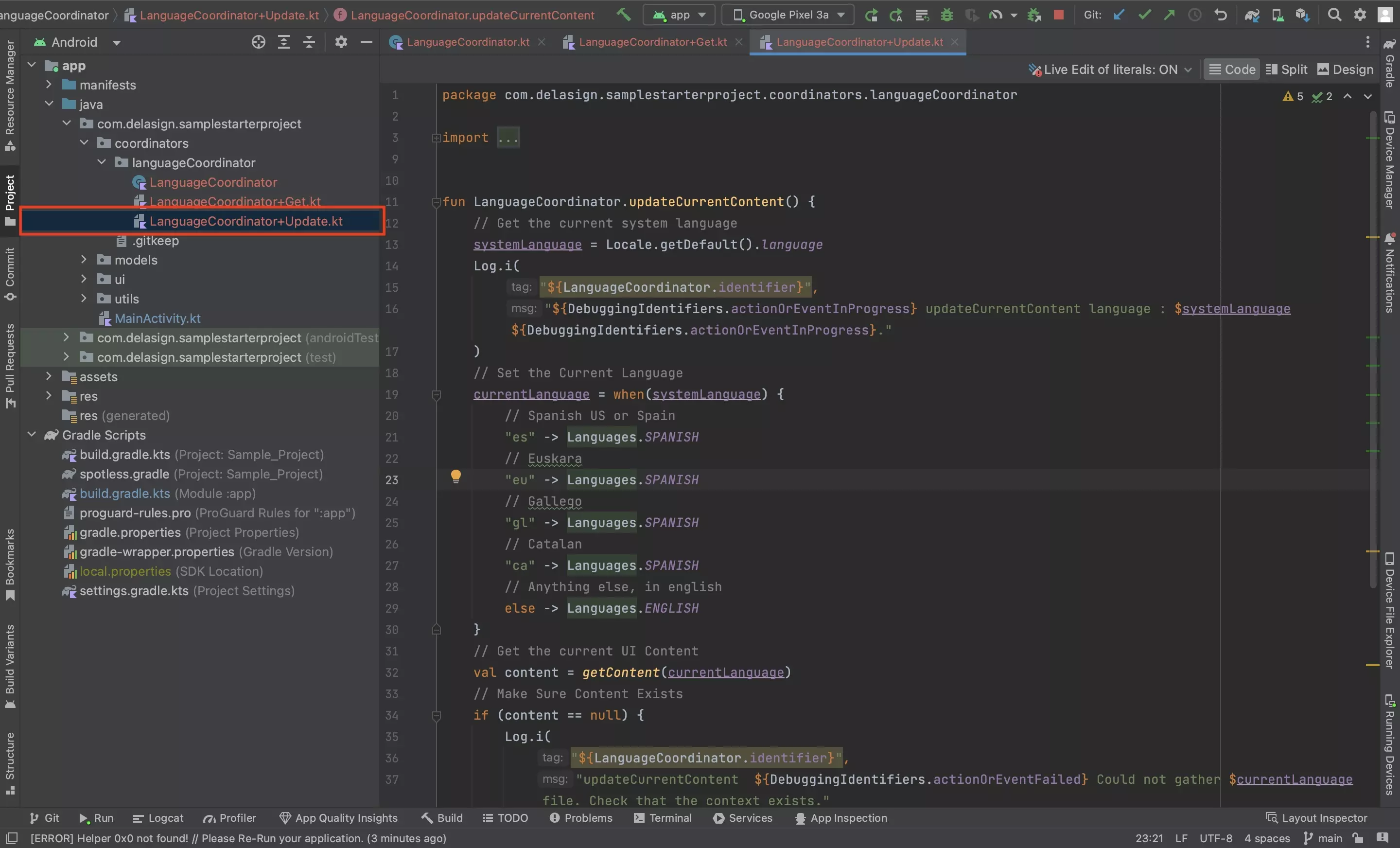 A screenshot of Android Studio showing the Language Coordinator+Update file.