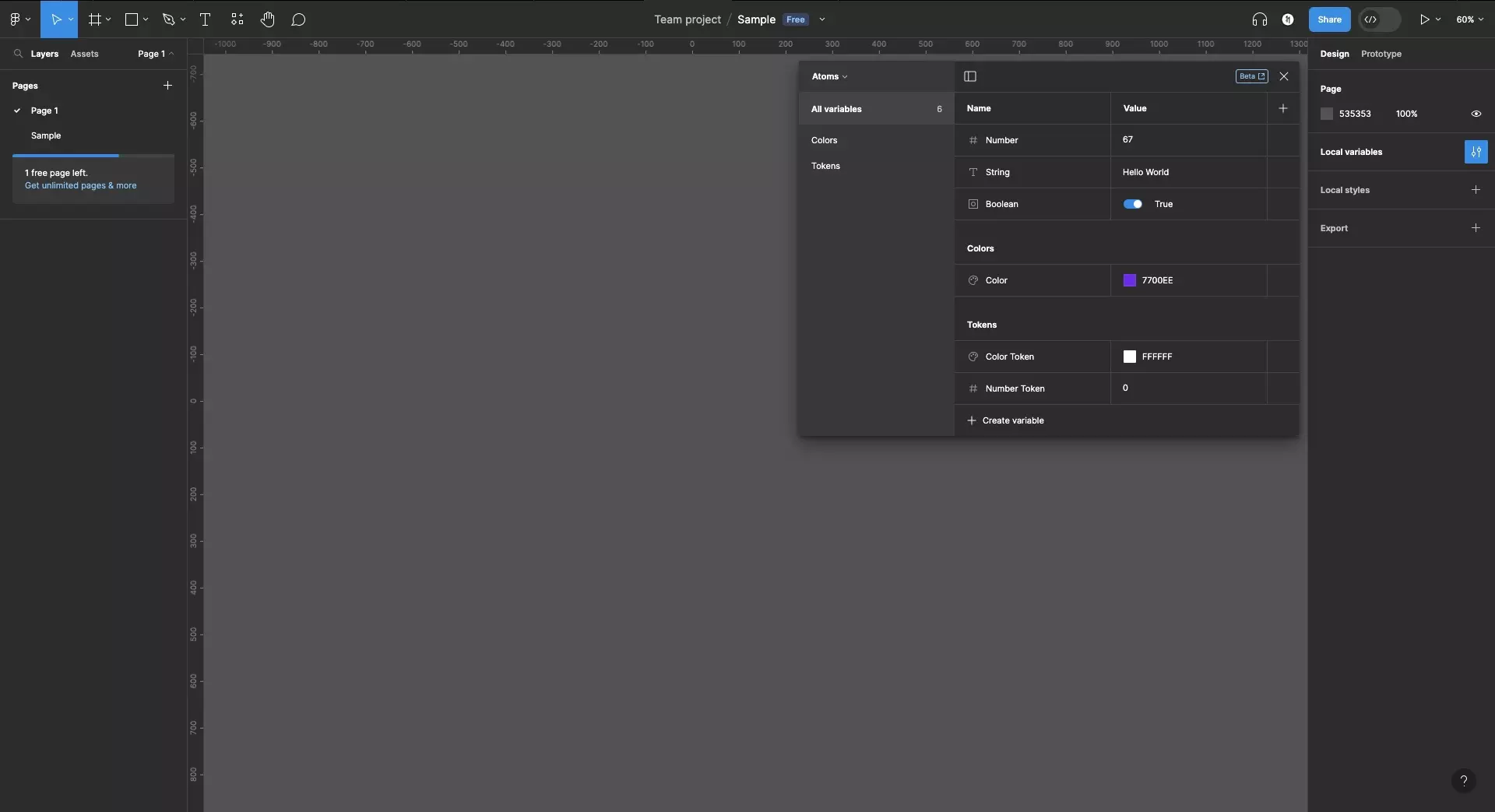 A screenshot of Figma showing the Variable Window open with Color, Number, String and Boolean Variables. There are two variables under the Tokens group - these are called "Color Token" and "Number Token", as these are the only two types of tokens that we can create.