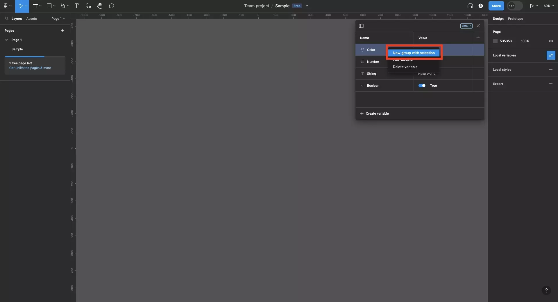 
<p>A screenshot of Figma showing the Variable window open, it shows 4 variables with default names. The four variables are a color, number, string and boolean.  On the screenshot is the menu that appears when you right click a variable. Highlighted on this menu is the “New Group with Selection” menu option. Click it to create a new group and add the selected variable to it.</p>
<p></p>