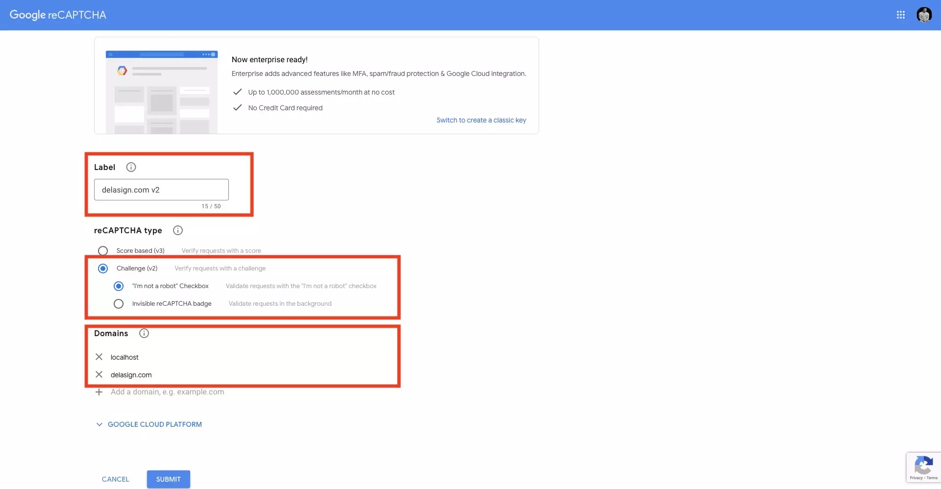 A screenshot of Google's reCAPTCHA website showing you how to create a new page. We have highlighted the labels and domains. Make sure that you add localhost to guarantee local development, as well as all the other relevant domains (i.e. development, staging or production).