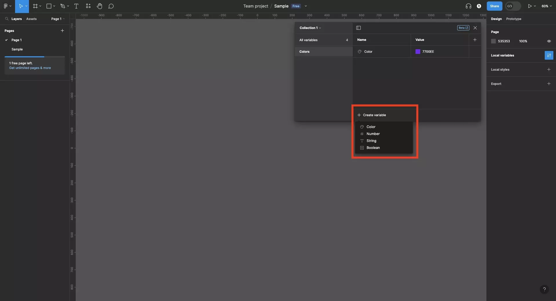 A screenshot of Figma showing the Variable window open, it shows 4 variables with default names. The four variables are a color, number, string and boolean.  They are split across two groups, “all variables” and “colors”. The variable window sidebar is open and the “colors” group is selected and we have highlighted the “+ create variable” button on the bottom left of the main variable window. If you click this, it will open a menu that allows you to create a Color, Number, String or Boolean. Click the option of the variable that you wish to create.