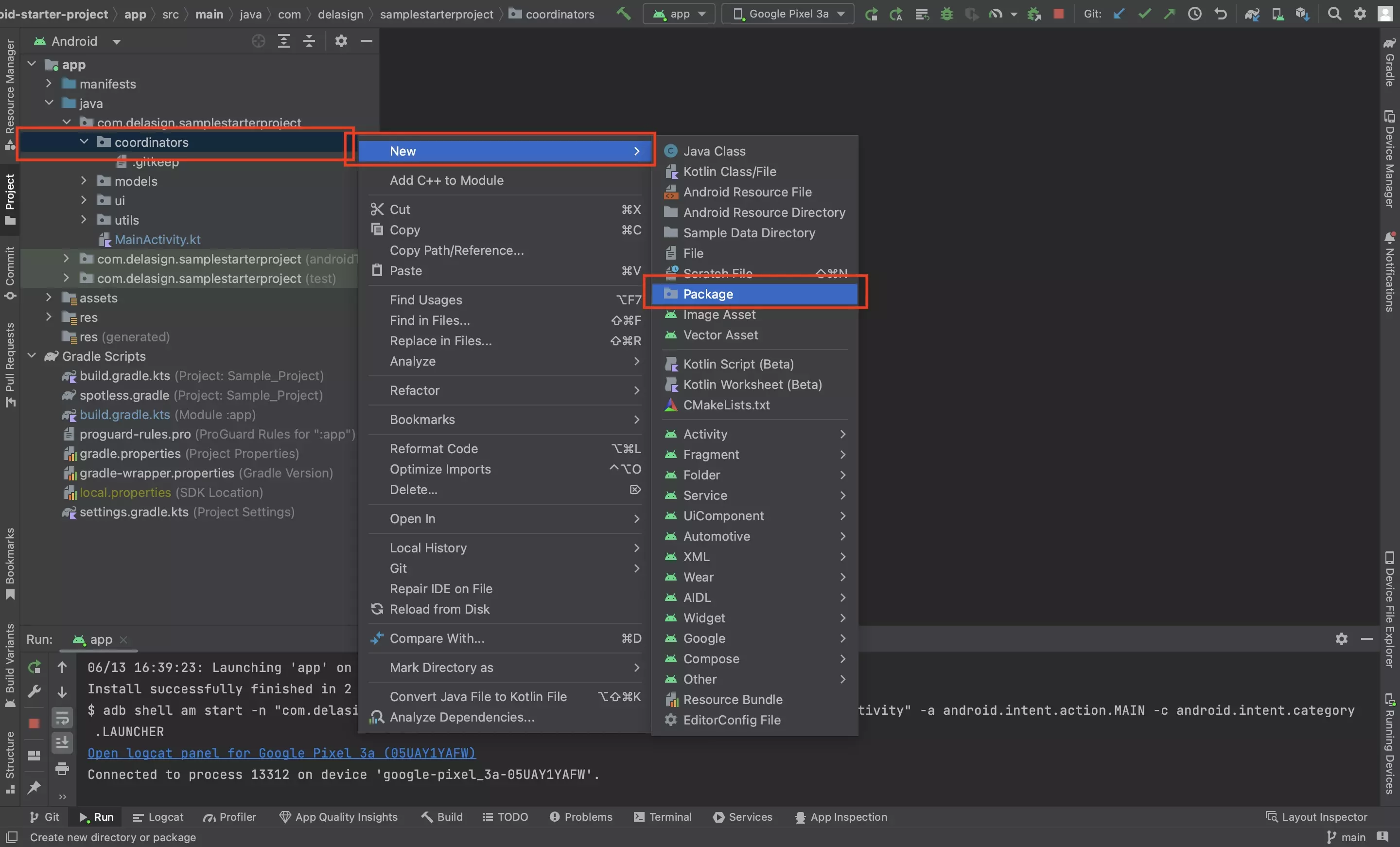 A screenshot of Android Studio with the coordinator package selected, displaying how if you right click you can create a package via New > Package.