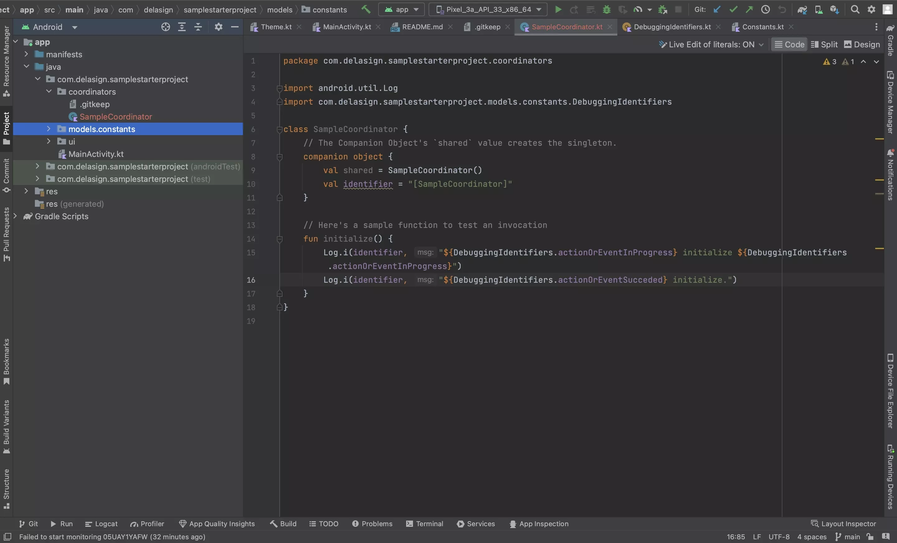 A screenshot of Android Studio showing how to create a Singleton. The code demonstrated is below.