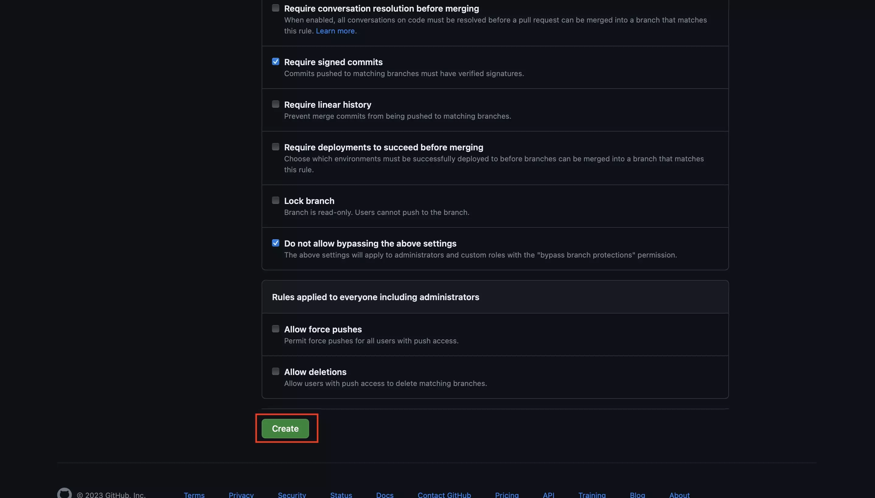 A screenshot of Github showing the page that allows you to create branch protection rules.  We have highlighted the Create button at the bottom of the page, click this button when everything looks good.