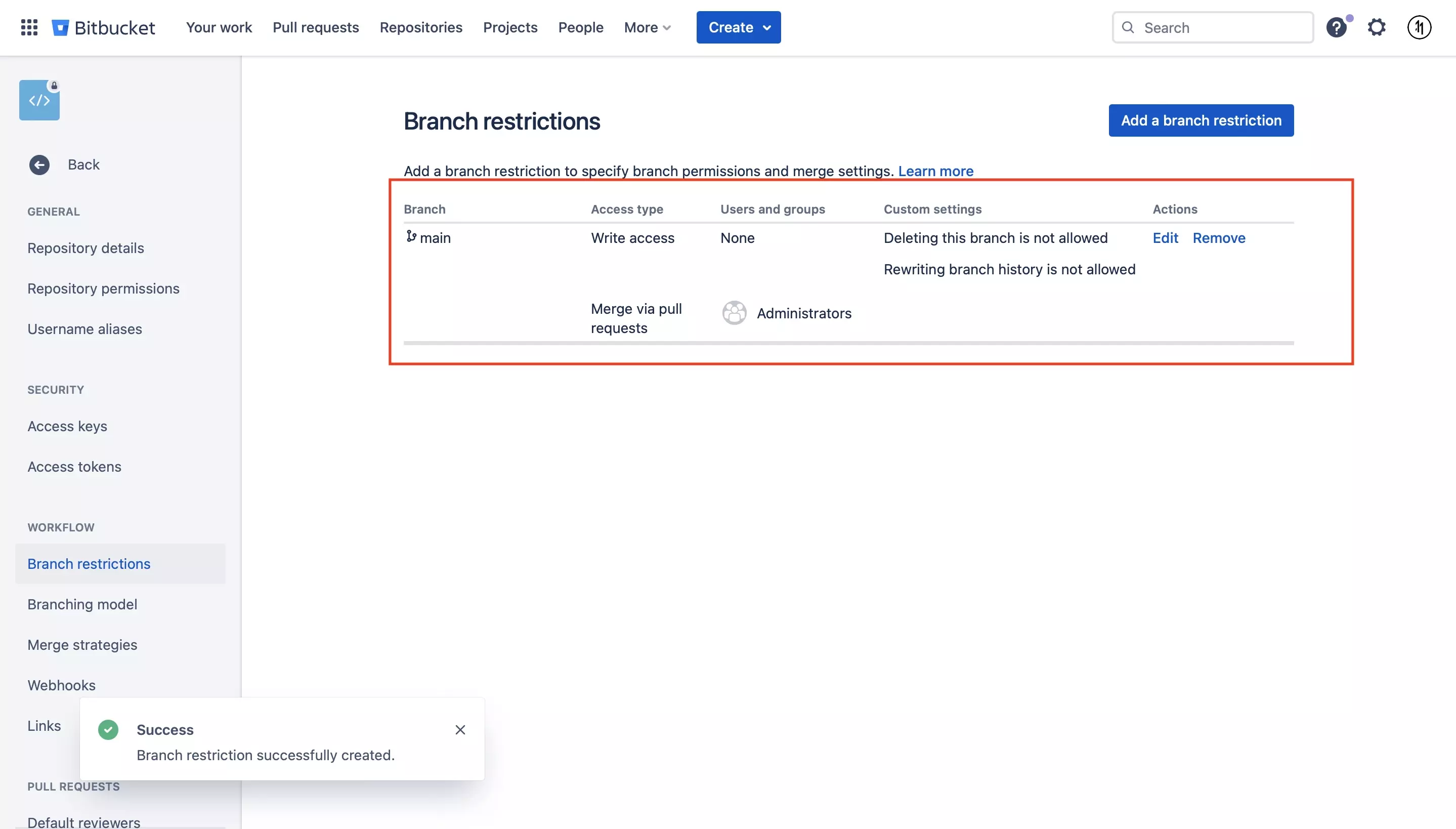 A screenshot of the Branch Restriction screen with the restriction that we detailed in the prior picture showing up on the screen. This confirms that it has been created.