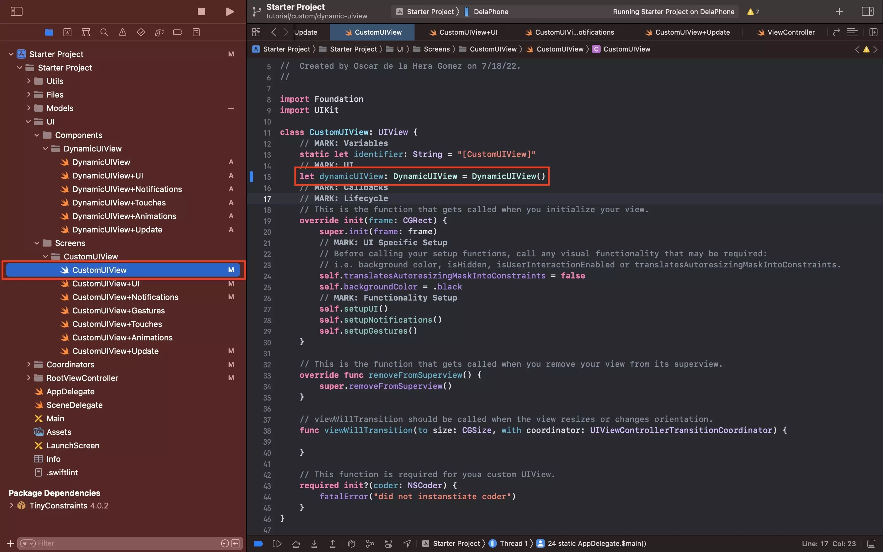 A screenshot of CustomUIView.swift with a highlight on where we declared the DynamicUIView.