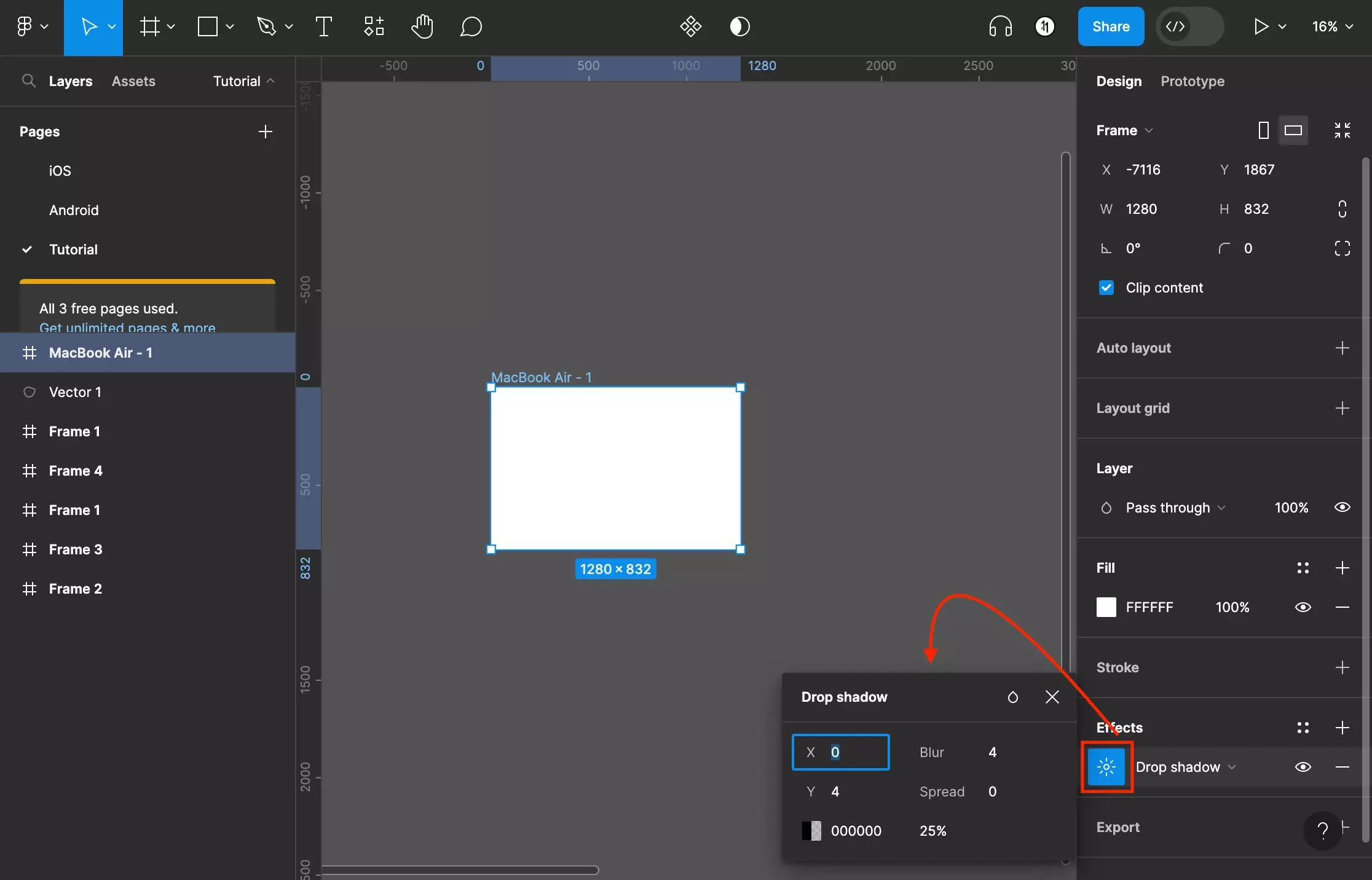 A screenshot of Figma that shows you a frame that has been selected.  The right menu side bar shows that an effect has been added. If you click the light icon to to the right of the type dropdown, you will open the menu that allows you to customize the effect.