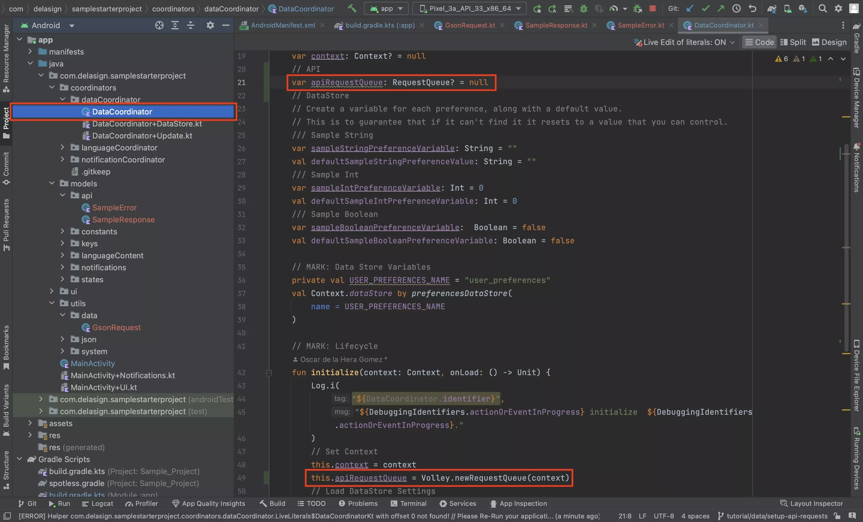 A screenshot of Android Studio showing the DataCoordinator. Highlighted is the declaration of the request queue as well as where we have initialized it.